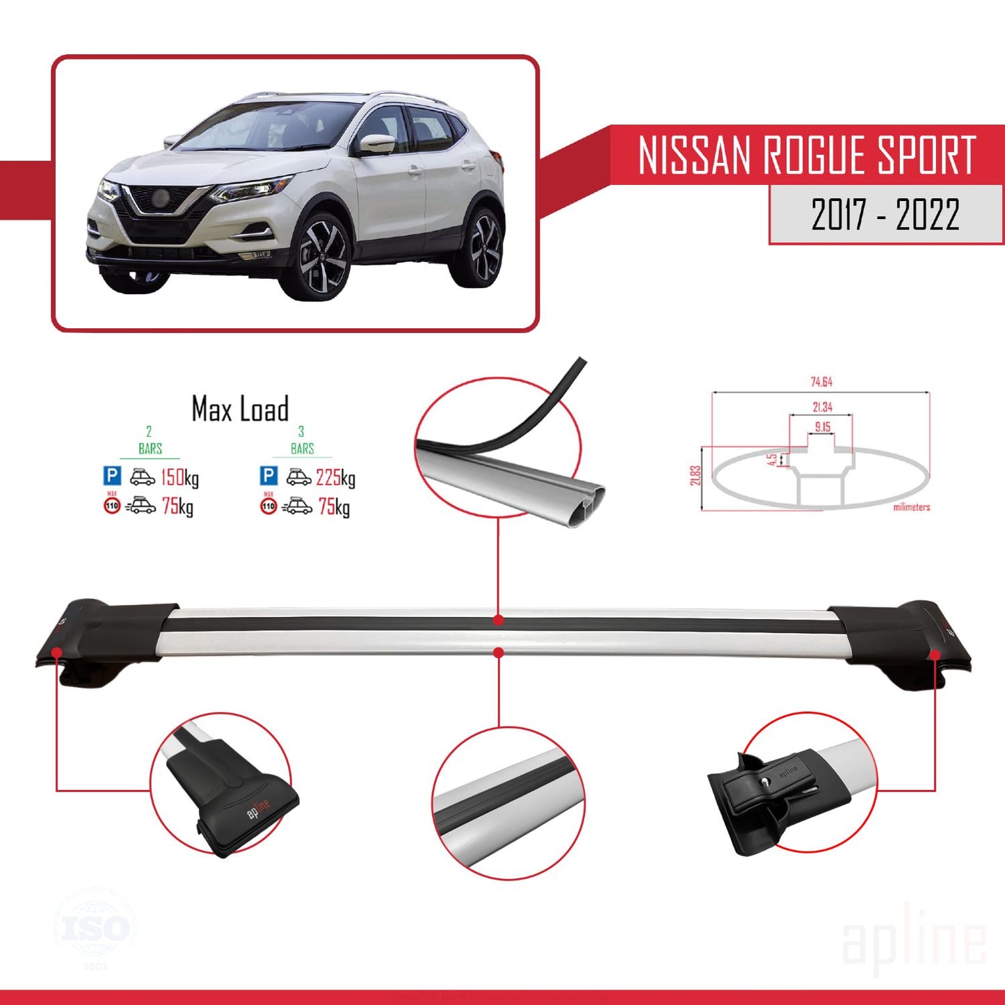 Compatible avec Nissan Rogue Sport 2017-2022 FLY Model Barres de Toit Railing Porte-Bagages de Voiture Gris Aluminium 2 Barres