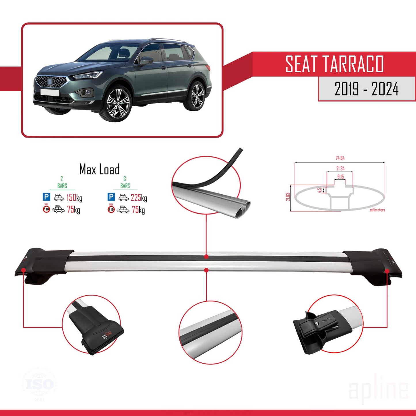 Compatible avec Seat Tarraco 2019-2024 FLY Model Barres de Toit Railing Porte-Bagages de Voiture Gris Aluminium 2 Barres