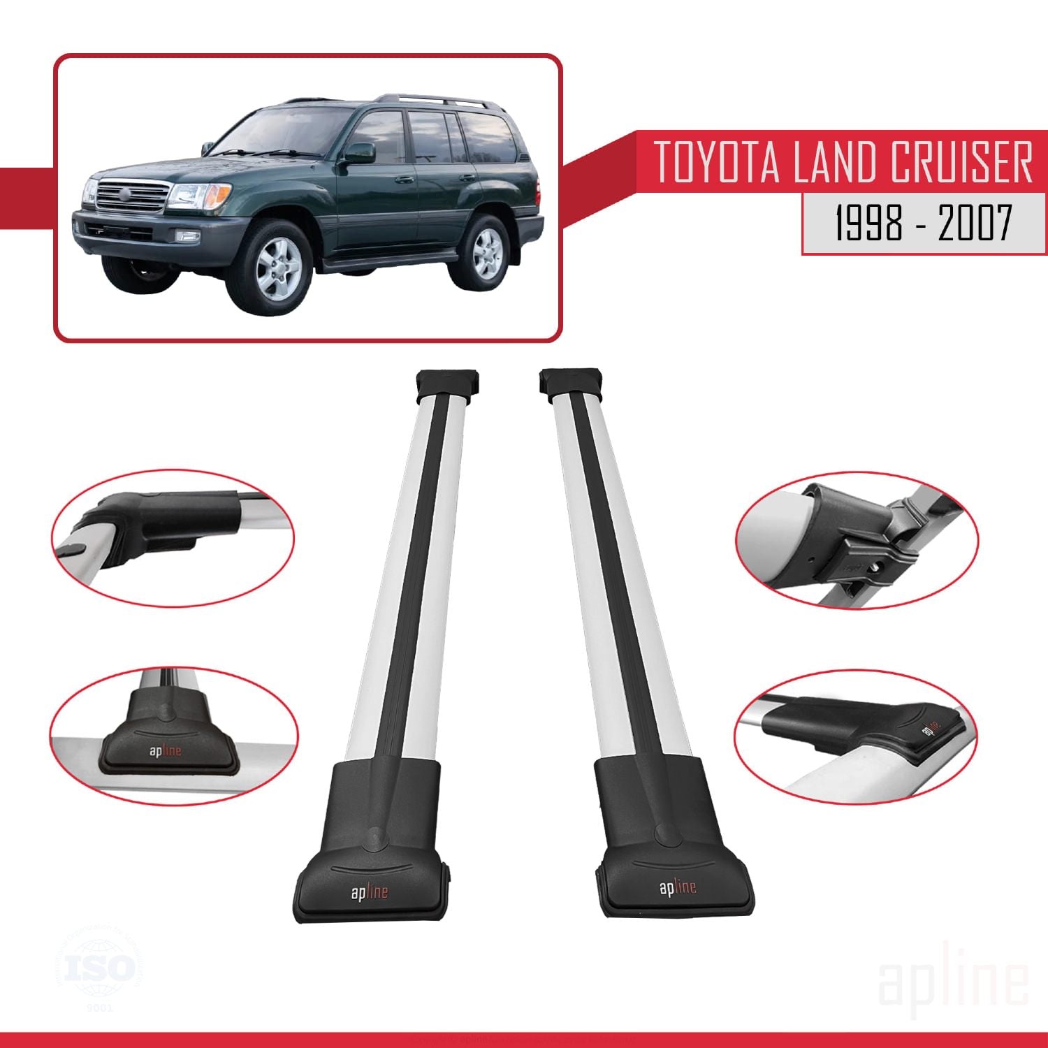 Compatible avec Toyota Land Cruiser 1998-2007 FLY Model Barres de Toit Railing Porte-Bagages de Voiture Gris Aluminium 2 Barres