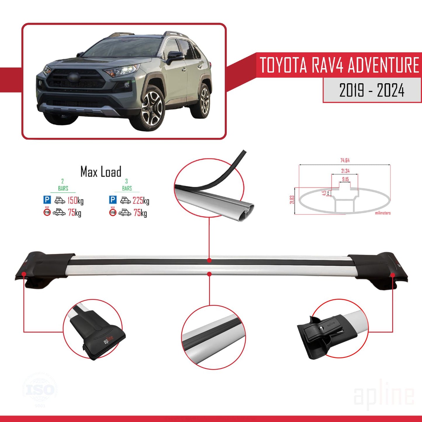 Compatible avec Toyota RAV4 Adventure 2019-2024 FLY Model Barres de Toit Railing Porte-Bagages de Voiture Gris Aluminium 3 Barres