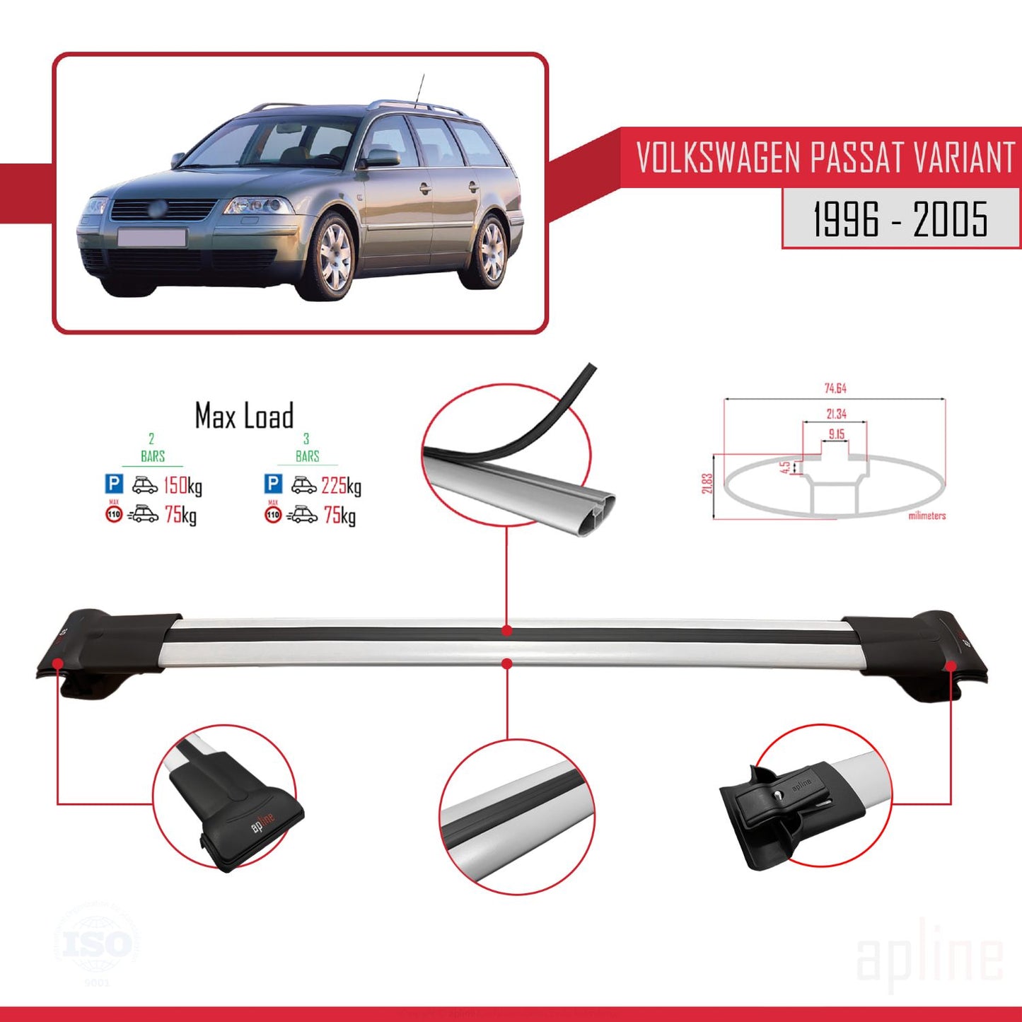 Compatible avec VW Passat B5 Variant 1996-2005 FLY Model Barres de Toit Railing Porte-Bagages de Voiture Gris Aluminium 2 Barres