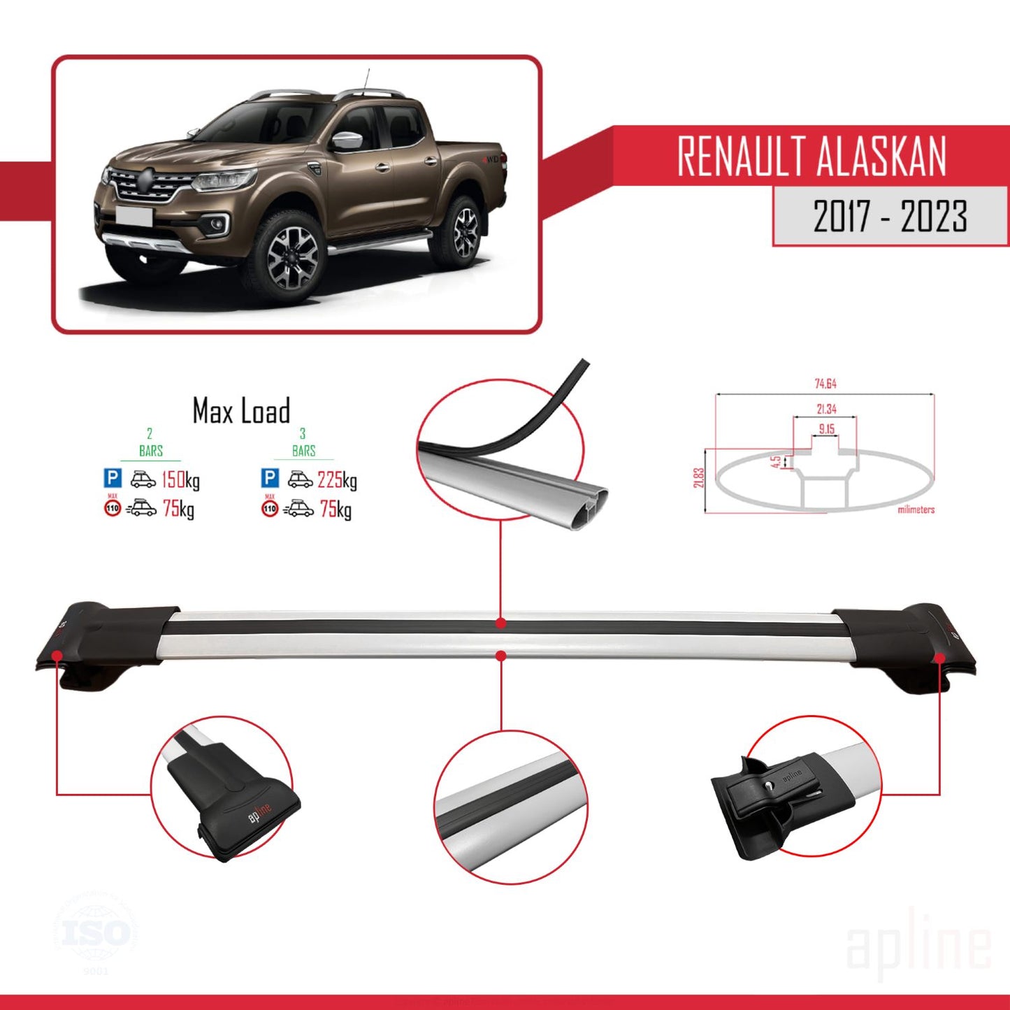 Compatible avec Renault Alaskan 2017-2023 FLY Model Barres de Toit Railing Porte-Bagages de Voiture Gris Aluminium 2 Barres