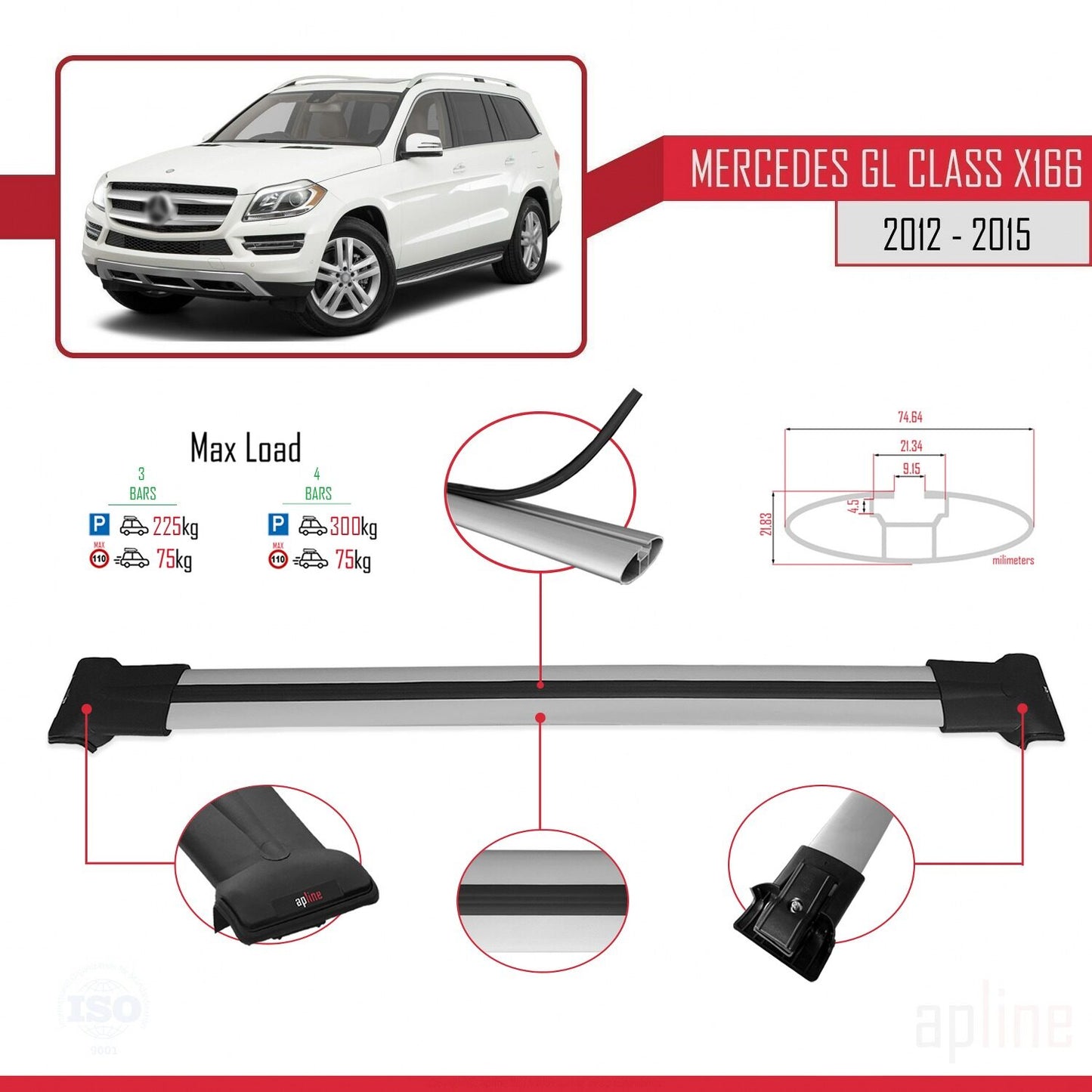 Compatible avec Mercedes Classe GL 2 (X166) Pre-Facelift 2013-2015 FLY Model Barres de Toit Railing Porte-Bagages de Voiture Gris Aluminium 3 Barres