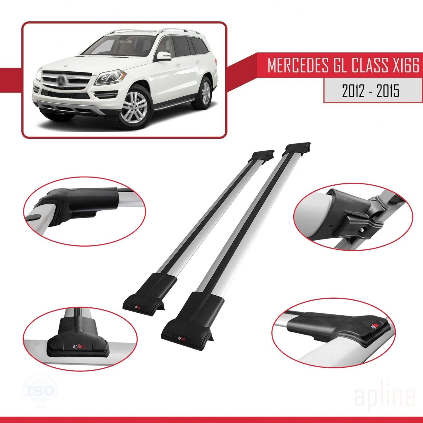 Compatible avec Mercedes Classe GL 2 (X166) Pre-Facelift 2013-2015 FLY Model Barres de Toit Railing Porte-Bagages de Voiture Gris Aluminium 2 Barres