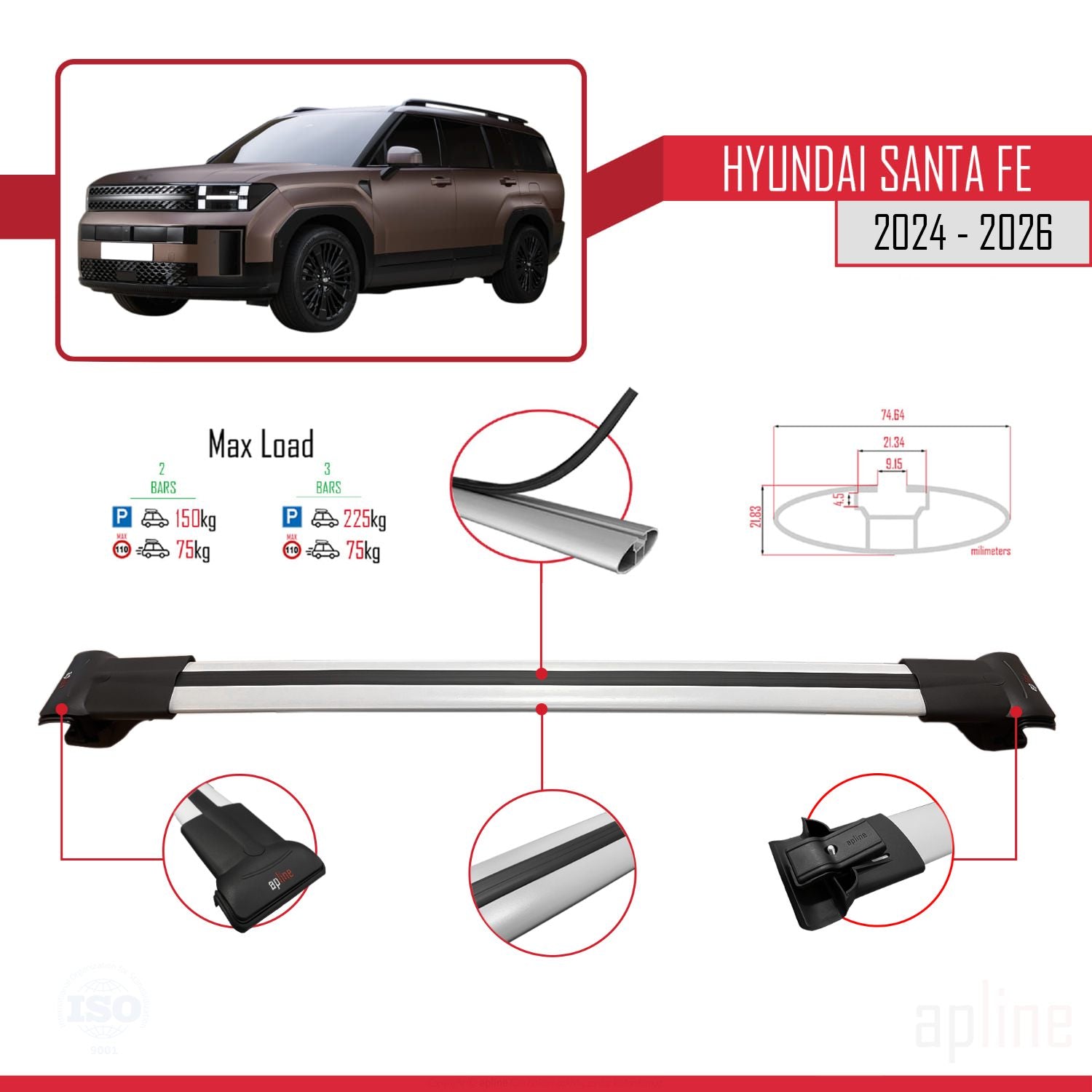 Compatible avec Hyundai Santa Fe 2024-2025 FLY Model Barres de Toit Railing Porte-Bagages de Voiture Gris Aluminium 3 Barres