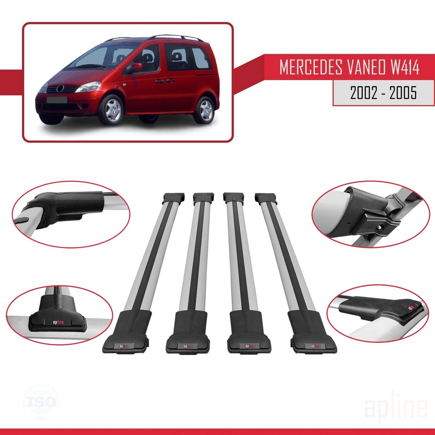 Compatibile con Mercedes Vaneo (W414) 2002-2005 FLY Model Barre Tetto Portapacchi Auto Barre Portatutto Grigo Alluminio 4 Barre