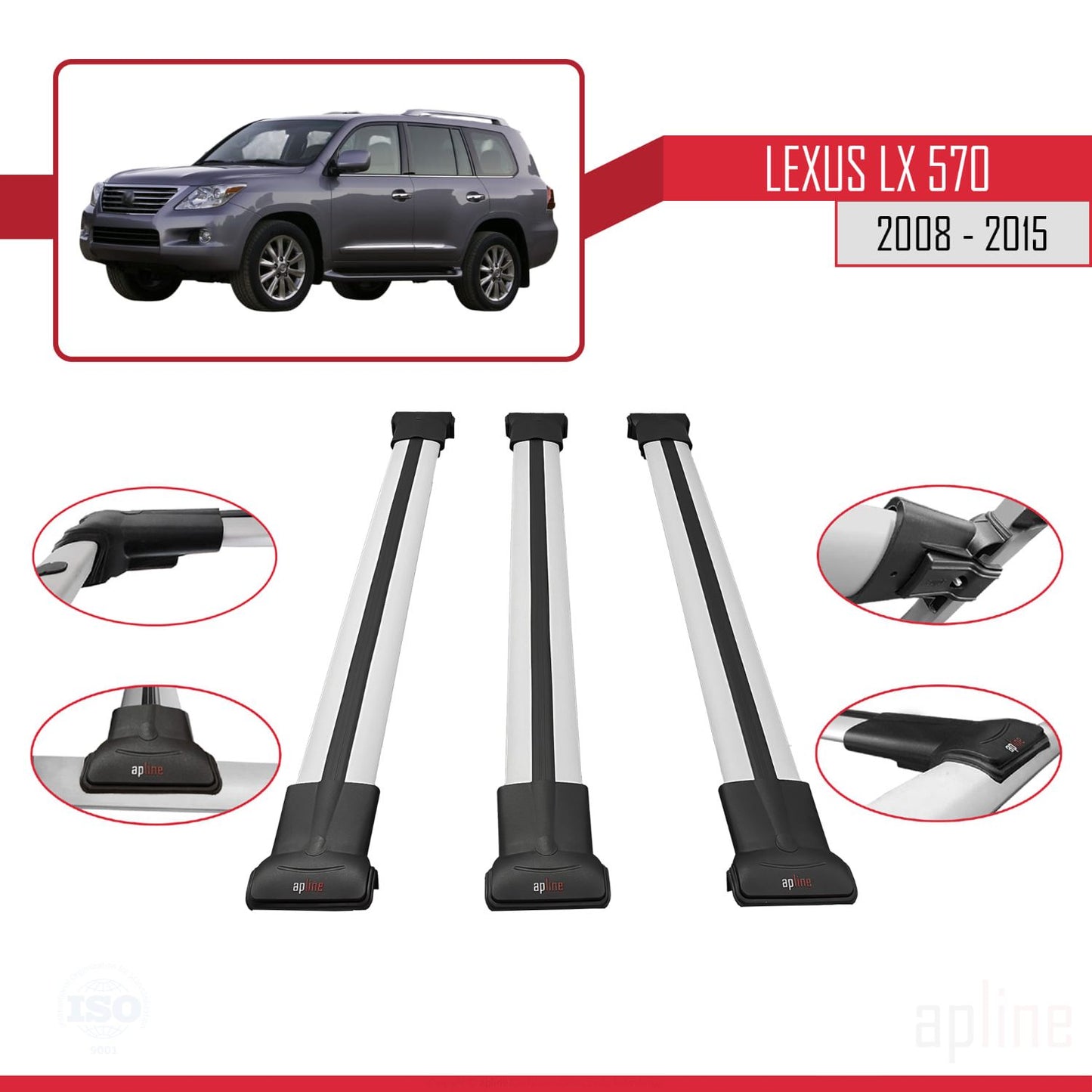 Compatible avec Lexus LX 570 2008-2015 FLY Model Barres de Toit Railing Porte-Bagages de Voiture Gris Aluminium 3 Barres