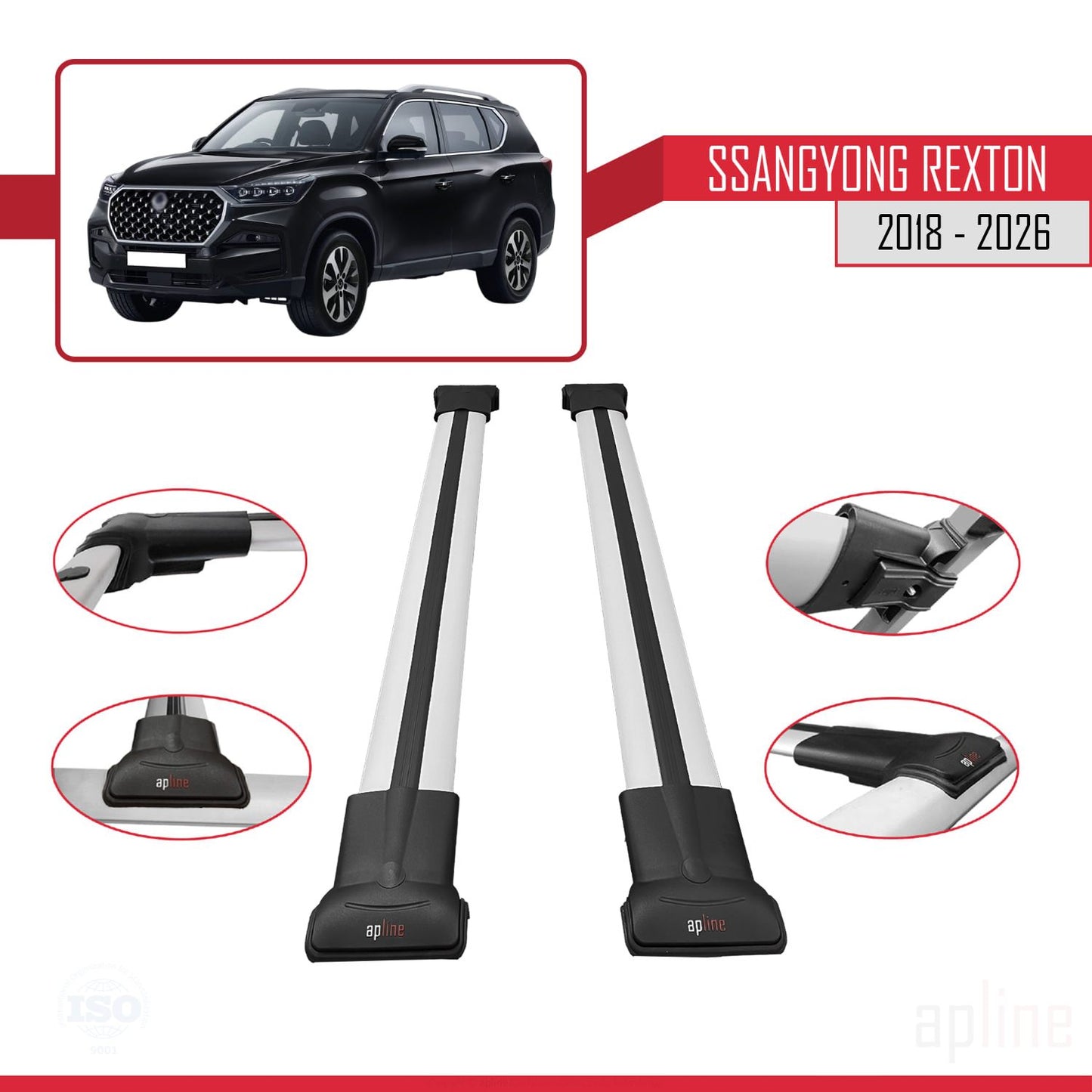 Compatible avec SsangYong Rexton 2018-2025 FLY Model Barres de Toit Railing Porte-Bagages de Voiture Gris Aluminium 2 Barres