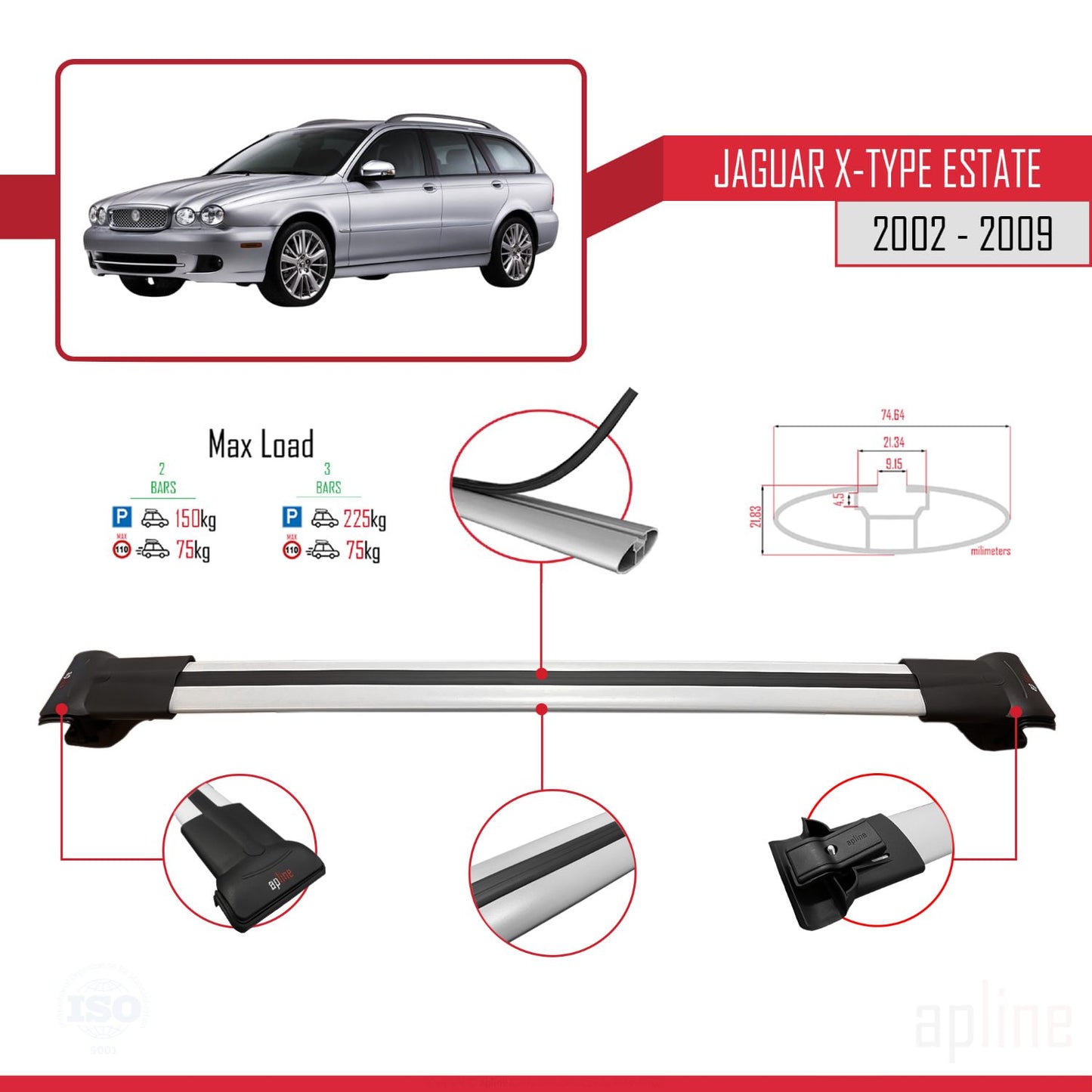 Compatible avec Jaguar X-Type Estate 2002-2009 FLY Model Barres de Toit Railing Porte-Bagages de Voiture Gris Aluminium 3 Barres