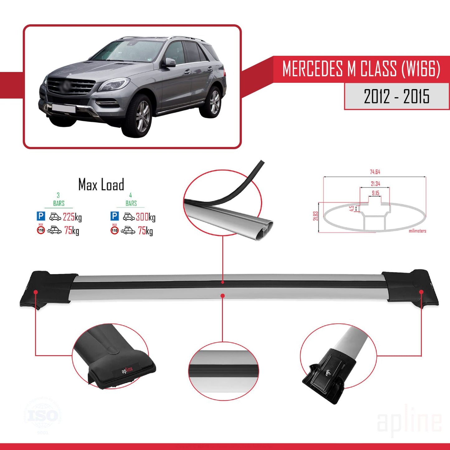 Compatible avec Mercedes M Class 3 (W166) Pre-Facelift 2012-2015 FLY Model Barres de Toit Railing Porte-Bagages de Voiture Gris Aluminium 3 Barres