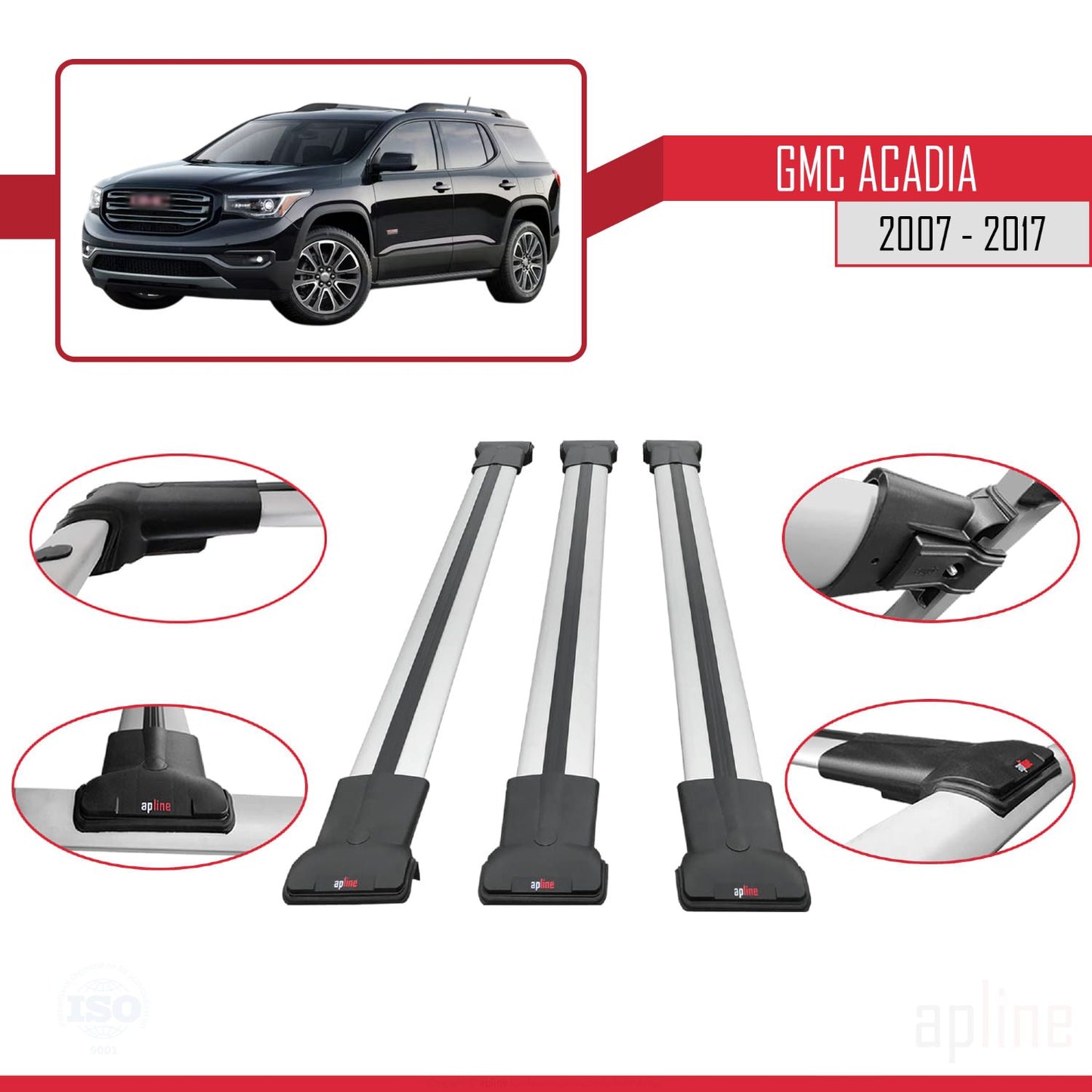 Compatibile con GMC Acadia 2007-2017 modello FLY Barre portatutto per auto in alluminio grigio 3 barre