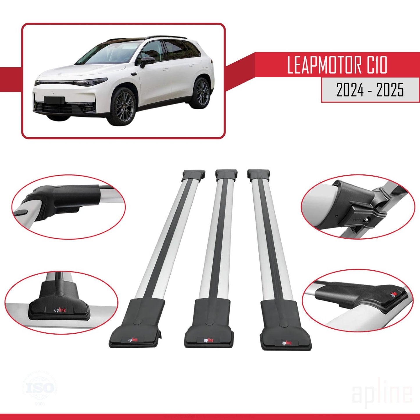 Compatible with LEAPMOTOR C10 2024-2025 FLY Model Car Roof Rack Cross Bar Grey Aluminium 3 Bars