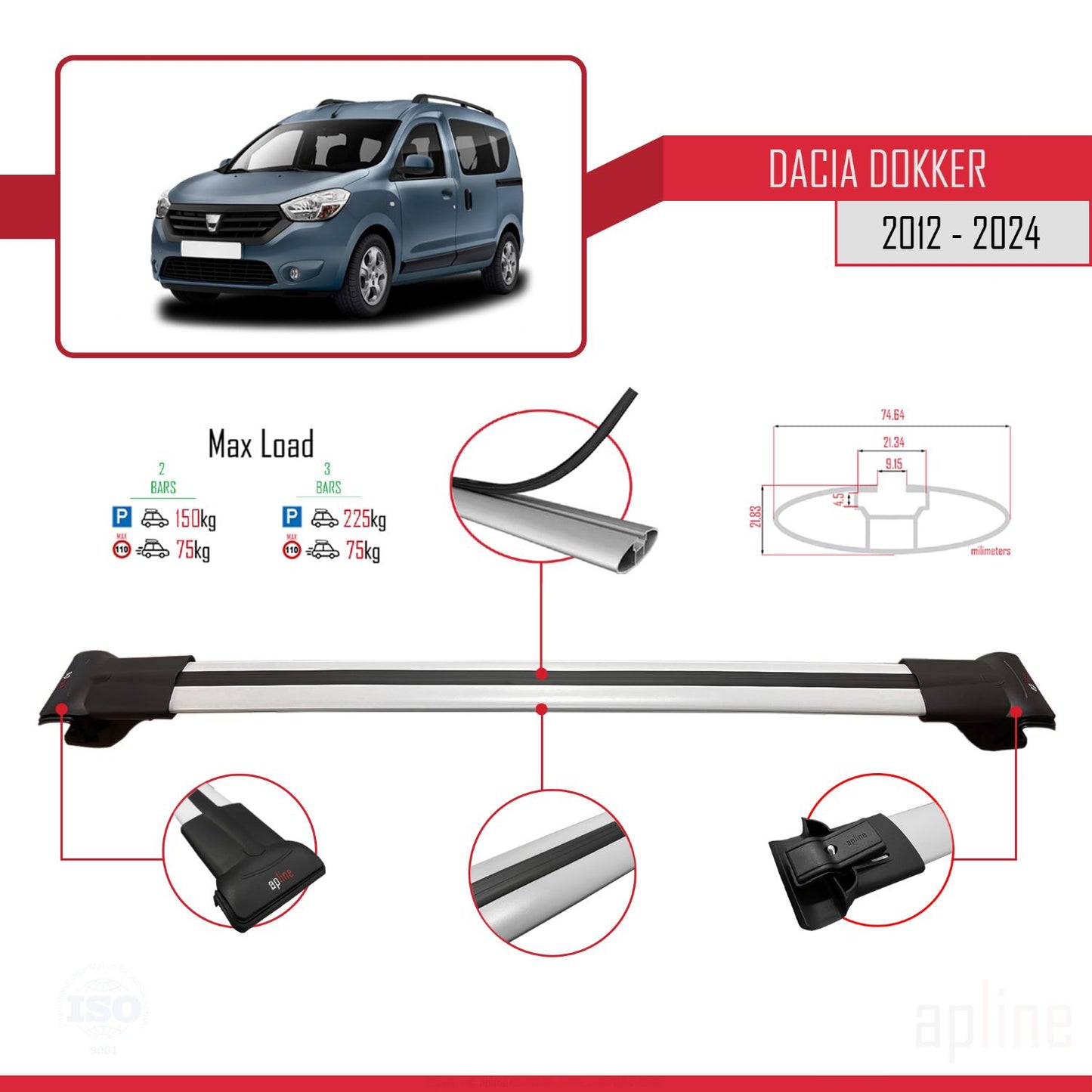 Compatible avec Dacia Dokker (K67) 2012-2024 FLY Model Barres de Toit Railing Porte-Bagages de Voiture Gris Aluminium 3 Barres
