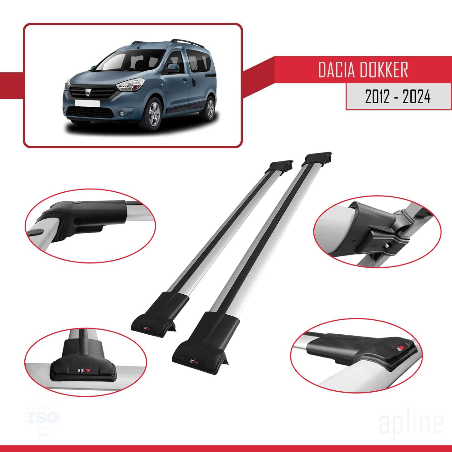 Compatibile con Dacia Dokker (K67) 2012-2023 modello FLY Barre portatutto per auto Portapacchi in alluminio grigio 2 barre