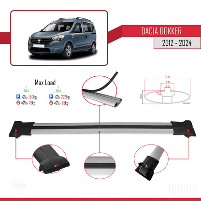 Compatibile con Dacia Dokker (K67) 2012-2023 modello FLY Barre portatutto per auto Portapacchi in alluminio grigio 2 barre