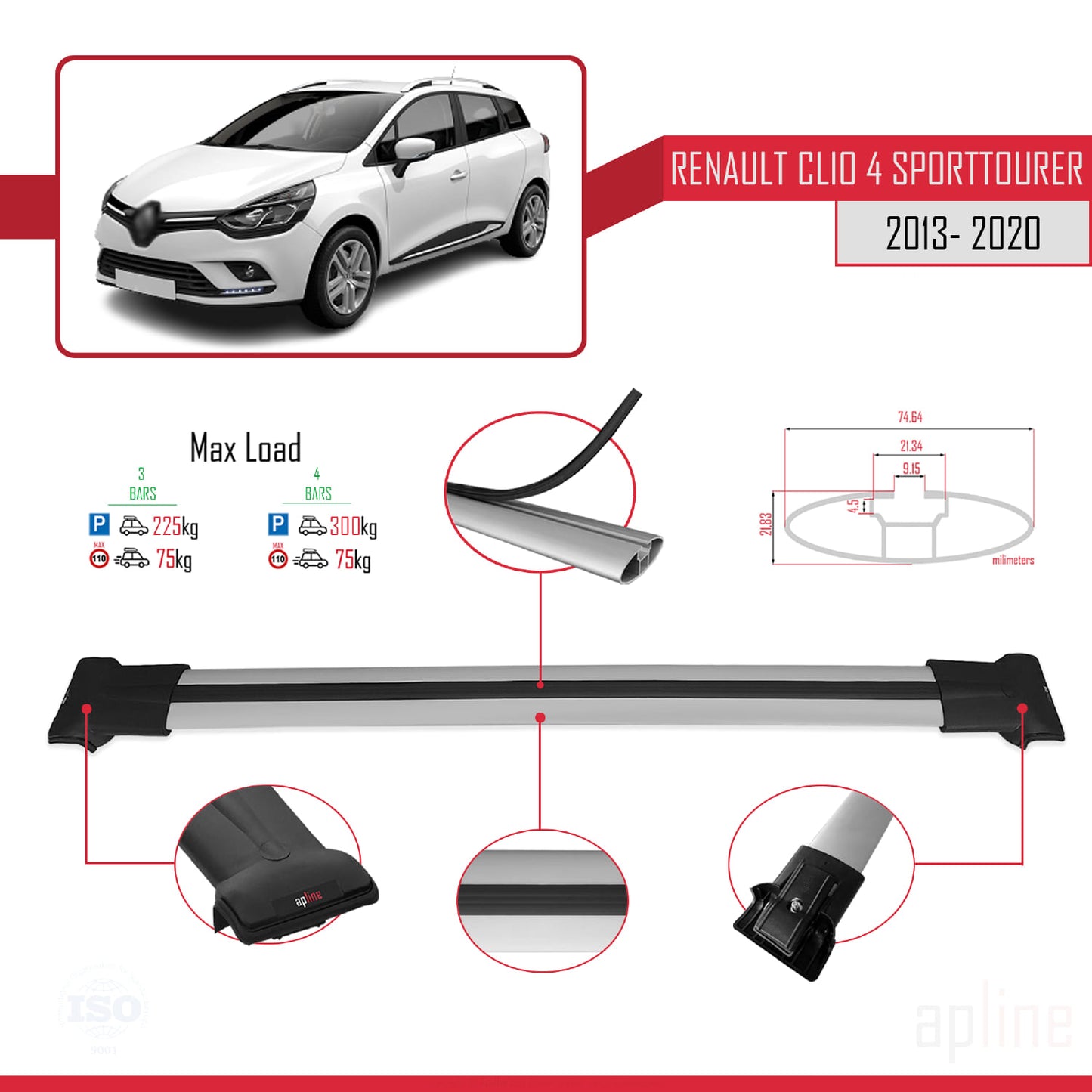 Compatible avec Renault Clio 4 ST 2013-2020 FLY Model Barres de Toit Railing Porte-Bagages de Voiture Gris Aluminium 3 Barres