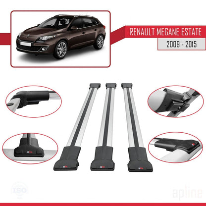 Compatible avec Renault Megane 3 ST 2009-2015 FLY Model Barres de Toit Railing Porte-Bagages de Voiture Gris Aluminium 3 Barres