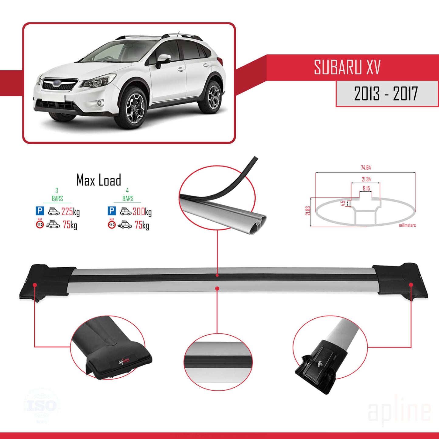 Compatible avec Subaru XV 2013-2017 FLY Model Barres de Toit Railing Porte-Bagages de Voiture Gris Aluminium 3 Barres