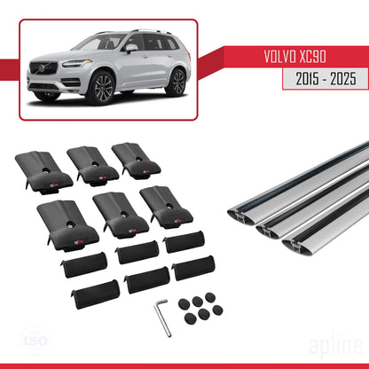 Compatible avec Volvo XC90 II 2015-2025 FLY Model Barres de Toit Railing Porte-Bagages de Voiture Gris Aluminium 3 Barres