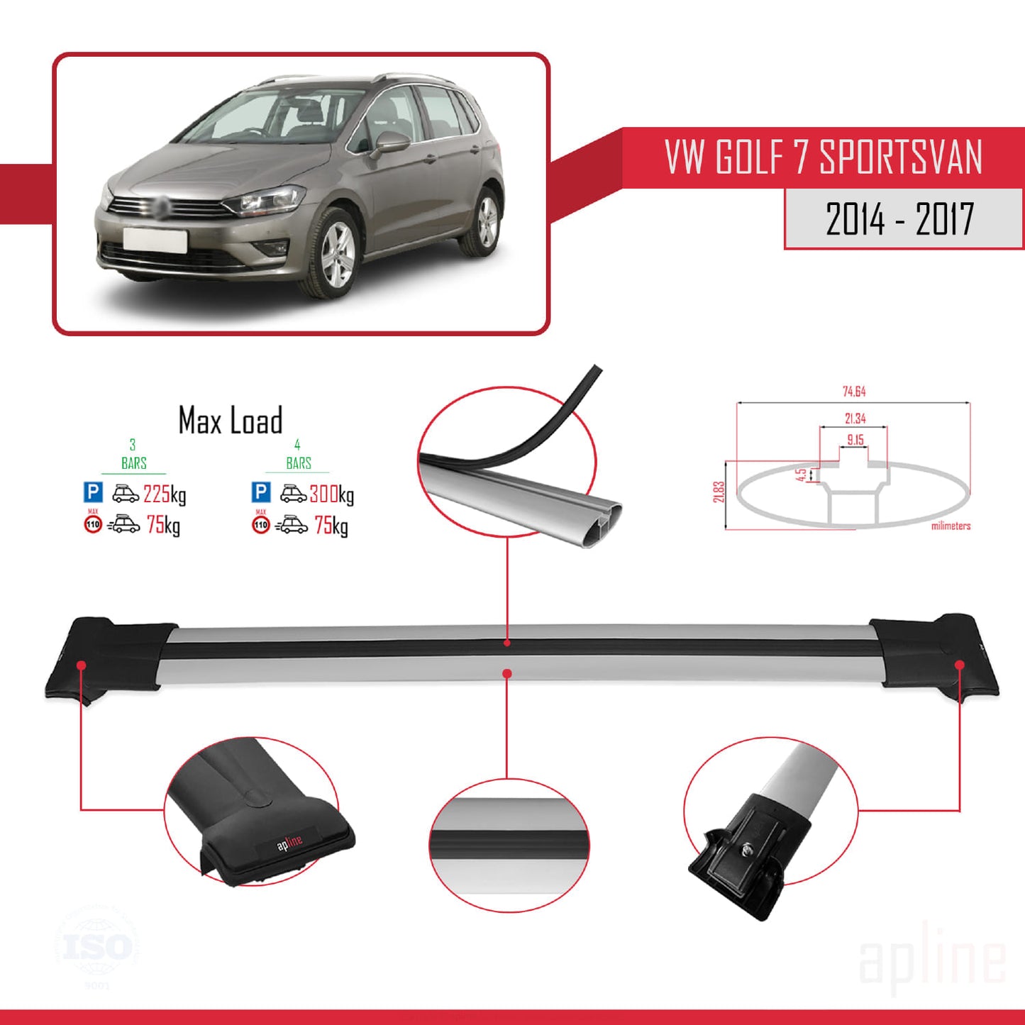 Compatible avec Volkswagen Golf Sportvan 2014-2017 FLY Model Barres de Toit Railing Porte-Bagages de Voiture Gris Aluminium 3 Barres