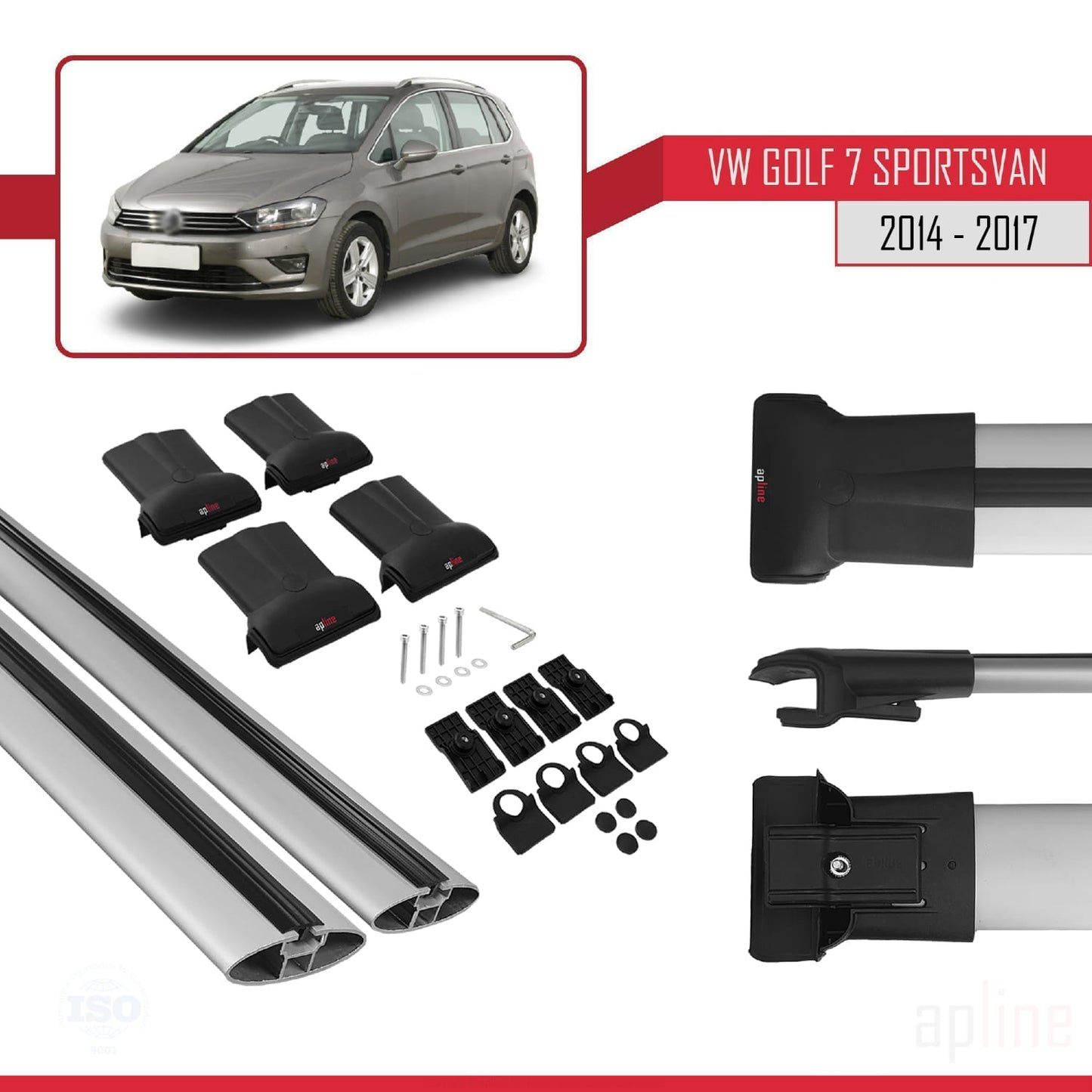 Compatible avec Volkswagen Golf Sportvan 2014-2017 FLY Model Barres de Toit Railing Porte-Bagages de Voiture Gris Aluminium 2 Barres
