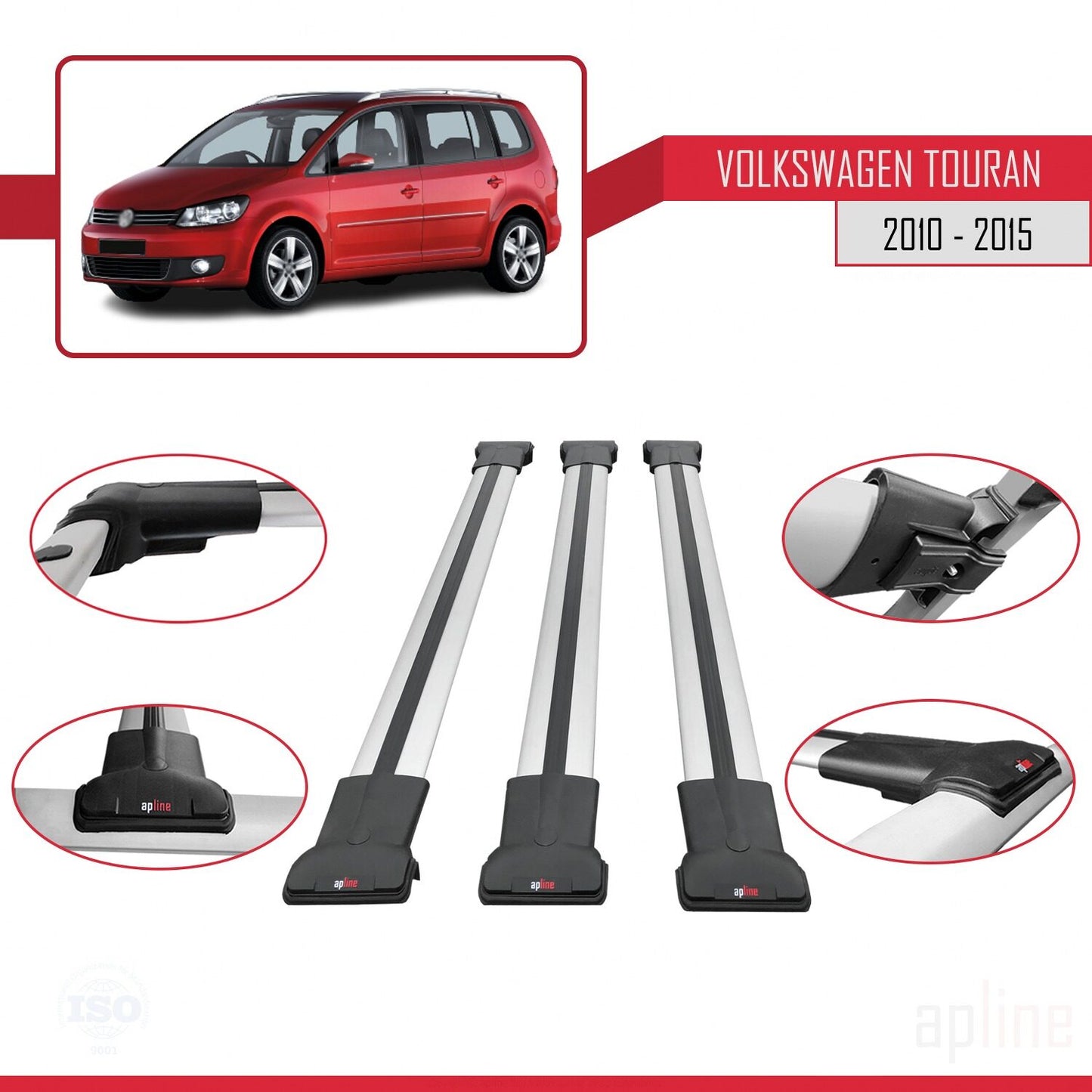 Compatible avec Volkswagen Touran (1T) Post-Facelift 2010-2015 FLY Model Barres de Toit Railing Porte-Bagages de Voiture Gris Aluminium 3 Barres