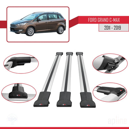 Compatibile con Ford Grand C-Max (C344) 2011-2019 modello FLY Barre portatutto per auto Portapacchi in alluminio grigio 3 barre