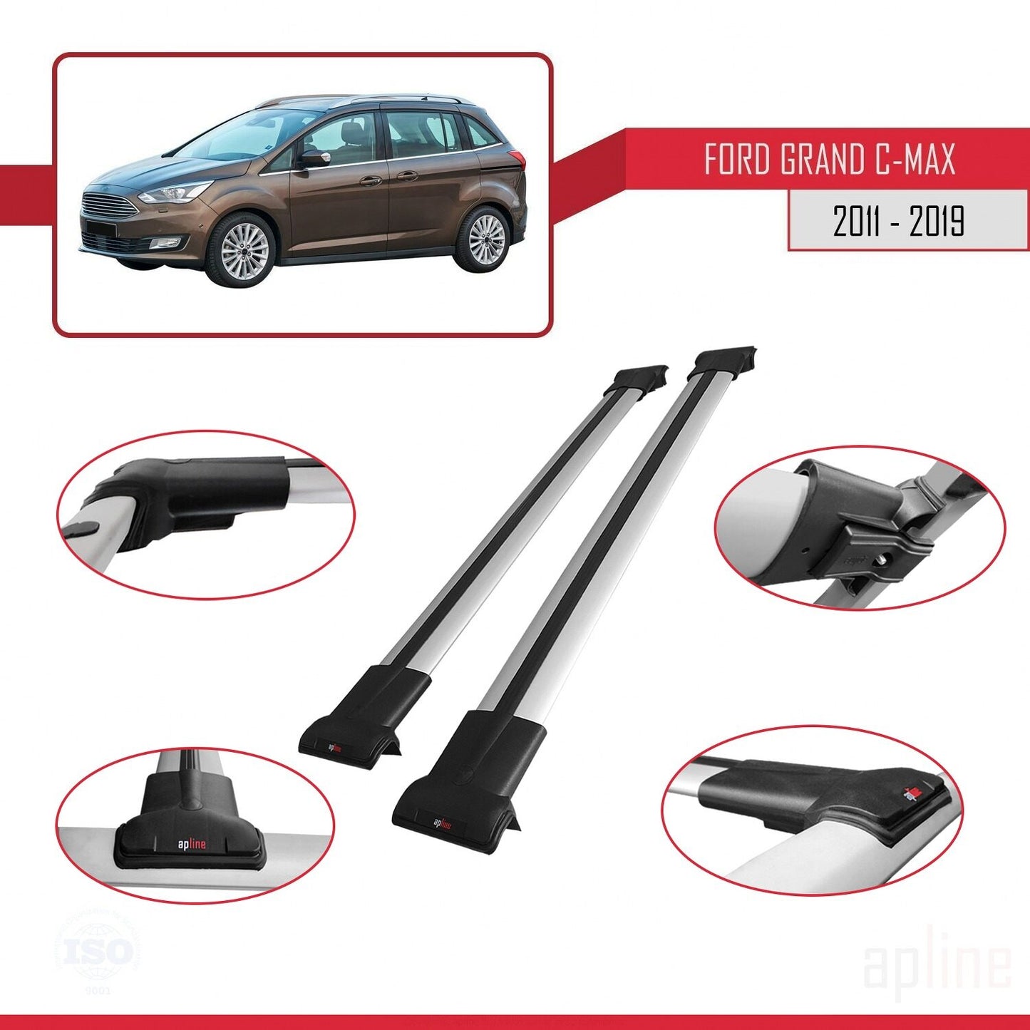 Compatibile con Ford Grand C-Max (C344) 2011-2019 modello FLY Barre portatutto per auto Portapacchi in alluminio grigio 2 barre