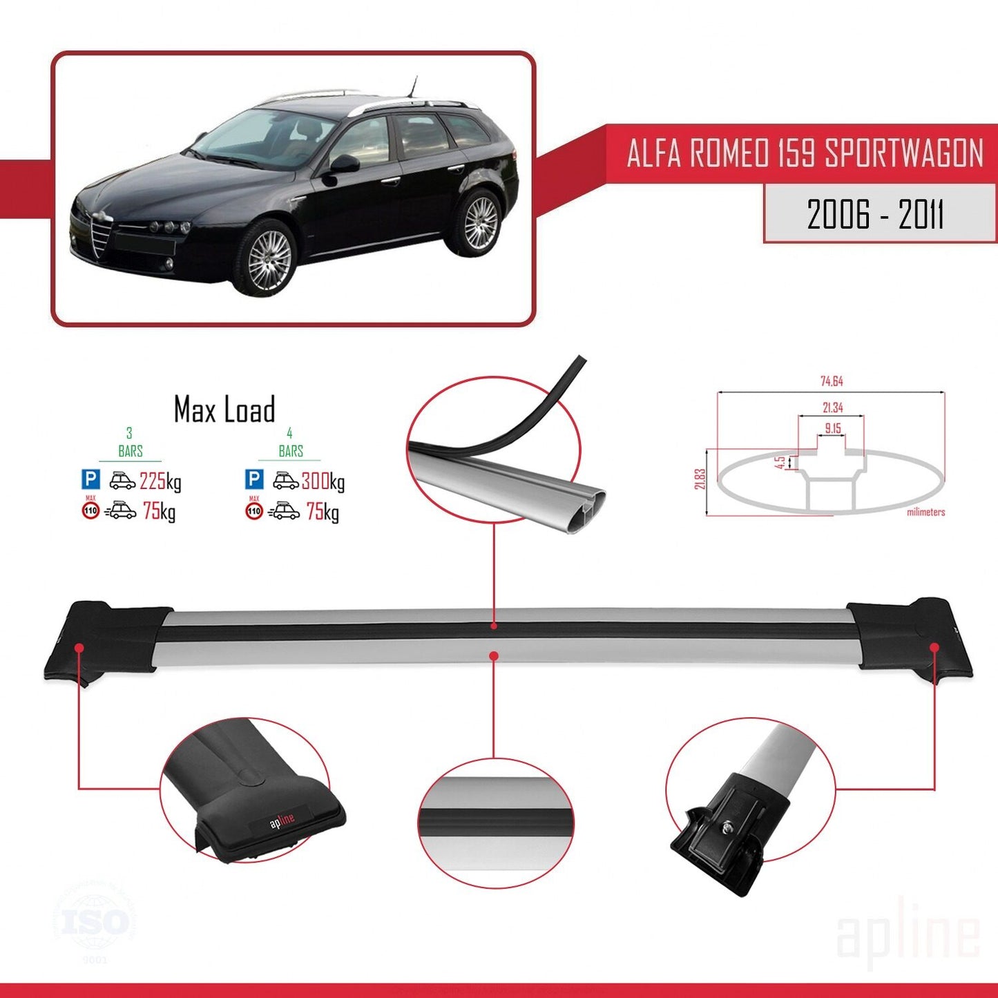 Compatibile con Alfa Romeo 159 (T939) Station Wagon 2006-2011 Modello FLY Barre Portatutto Portapacchi Auto Alluminio Grigio 3 Barre