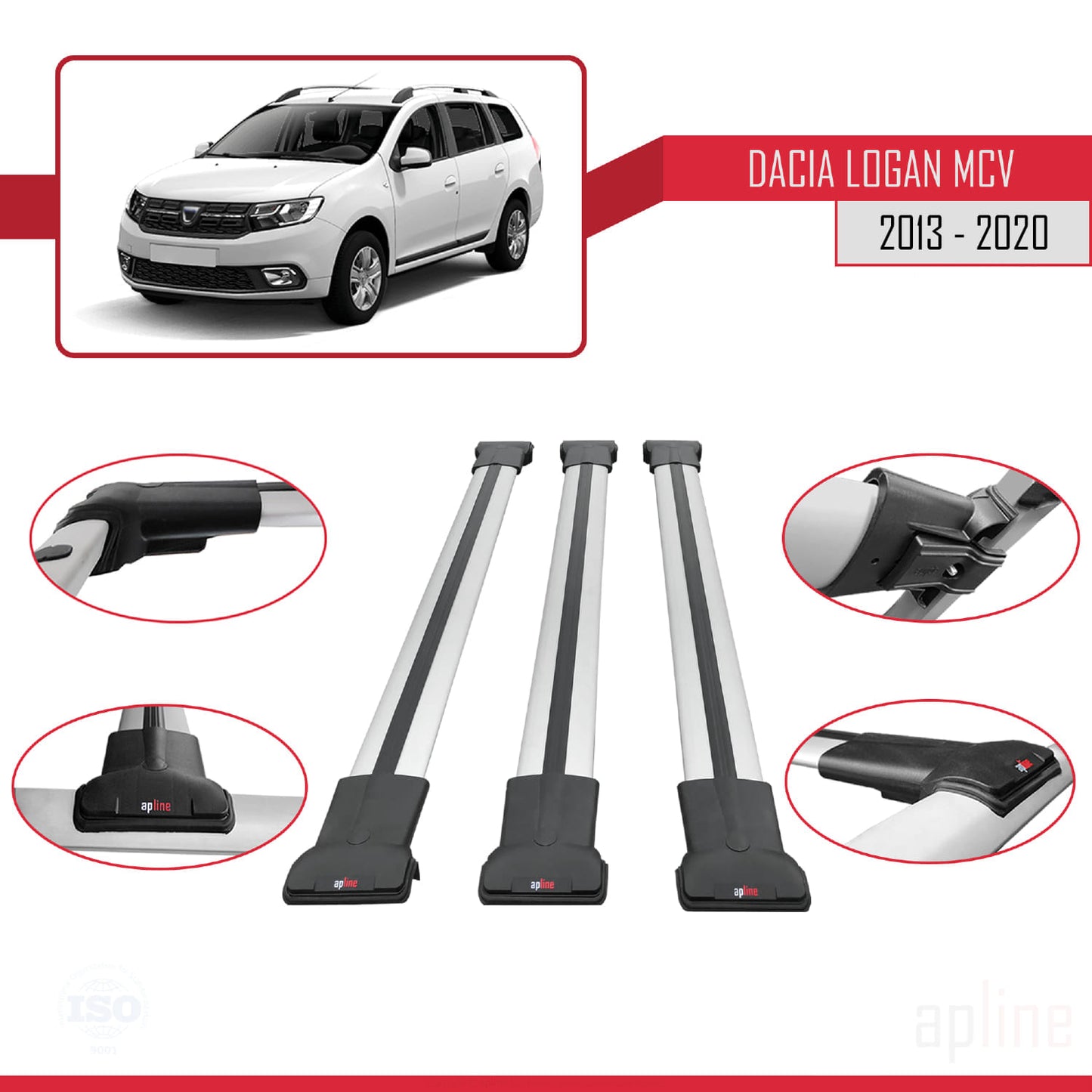 Compatibile con Dacia Logan 2 MCV (K52) 2013-2020 modello FLY Barre portatutto per auto Portapacchi in alluminio grigio 3 barre