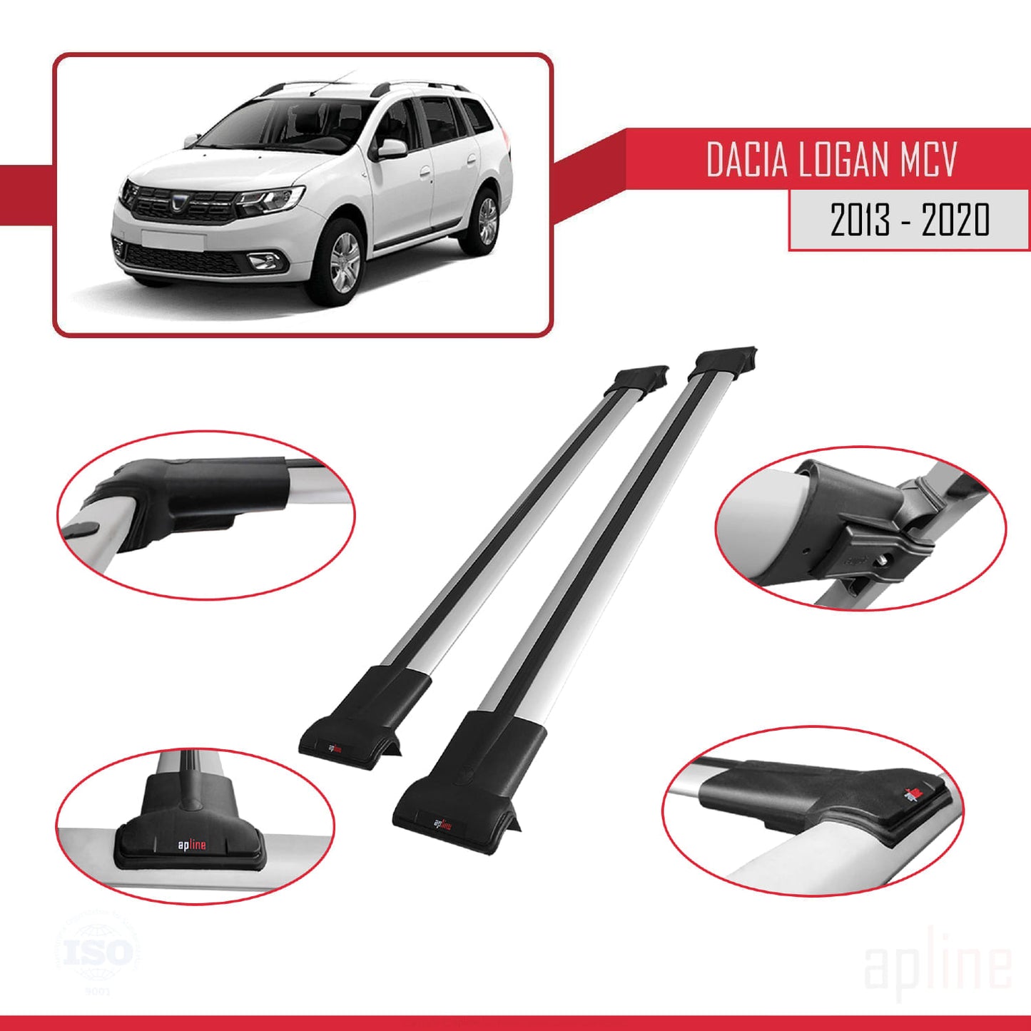 Compatibile con Dacia Logan 2 MCV (K52) 2013-2020 modello FLY Barre portatutto per auto Portapacchi in alluminio grigio 2 barre