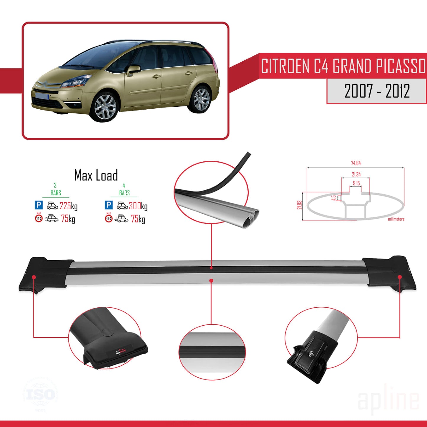 Compatibile con Citroen Grand C4 Picasso 2007-2012 modello FLY Barre portatutto per auto Portapacchi in alluminio grigio 3 barre