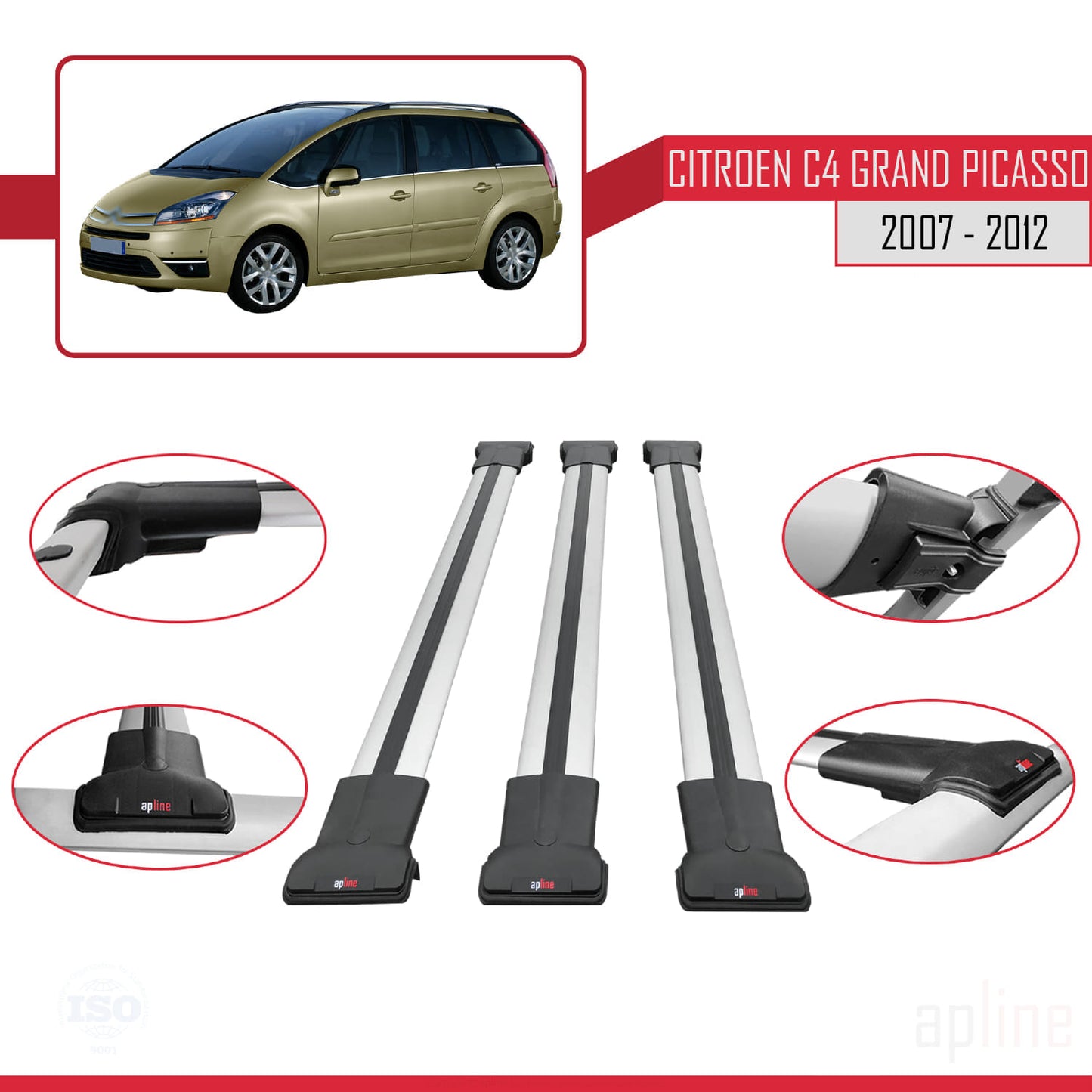 Compatibile con Citroen Grand C4 Picasso 2007-2012 modello FLY Barre portatutto per auto Portapacchi in alluminio grigio 3 barre