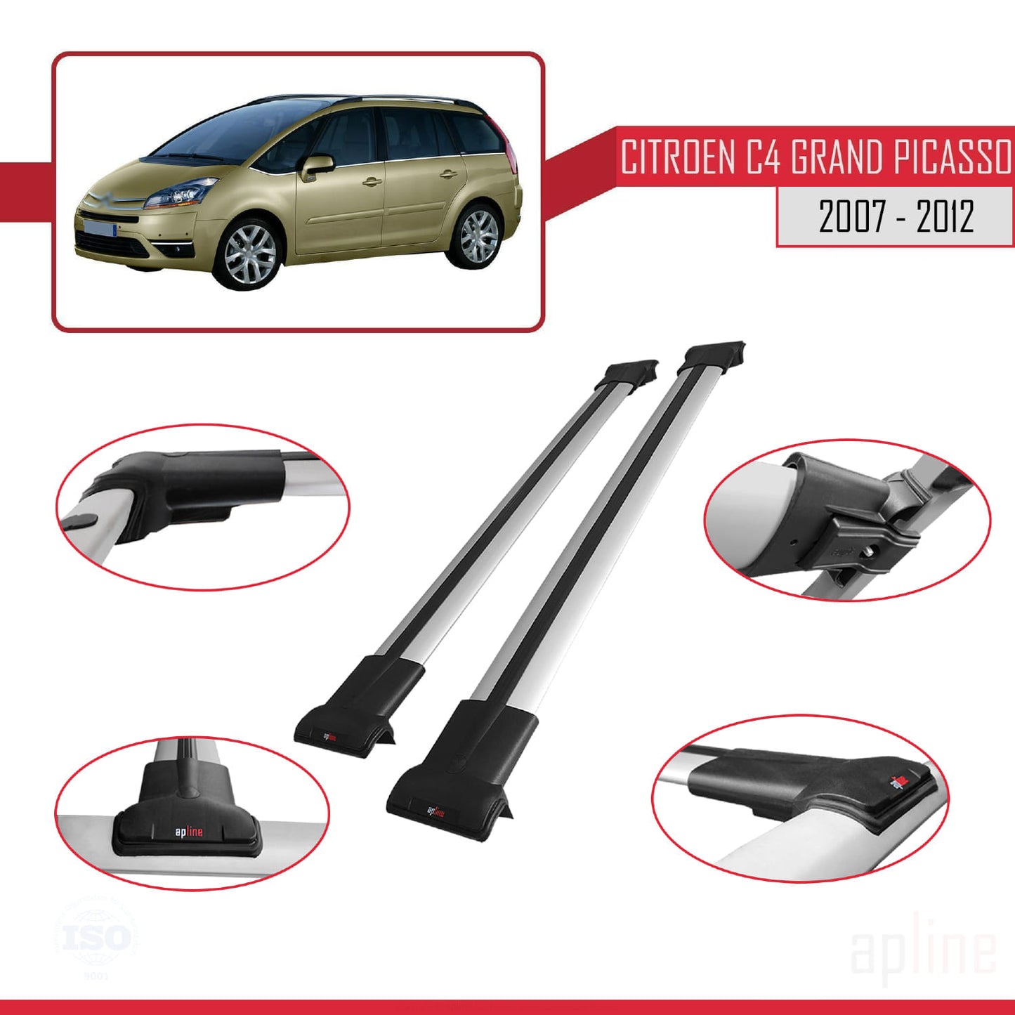 Compatibile con Citroen Grand C4 Picasso 2007-2012 modello FLY Barre portatutto per auto Portapacchi in alluminio grigio 2 barre