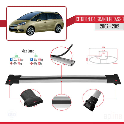 Compatibile con Citroen Grand C4 Picasso 2007-2012 modello FLY Barre portatutto per auto Portapacchi in alluminio grigio 2 barre