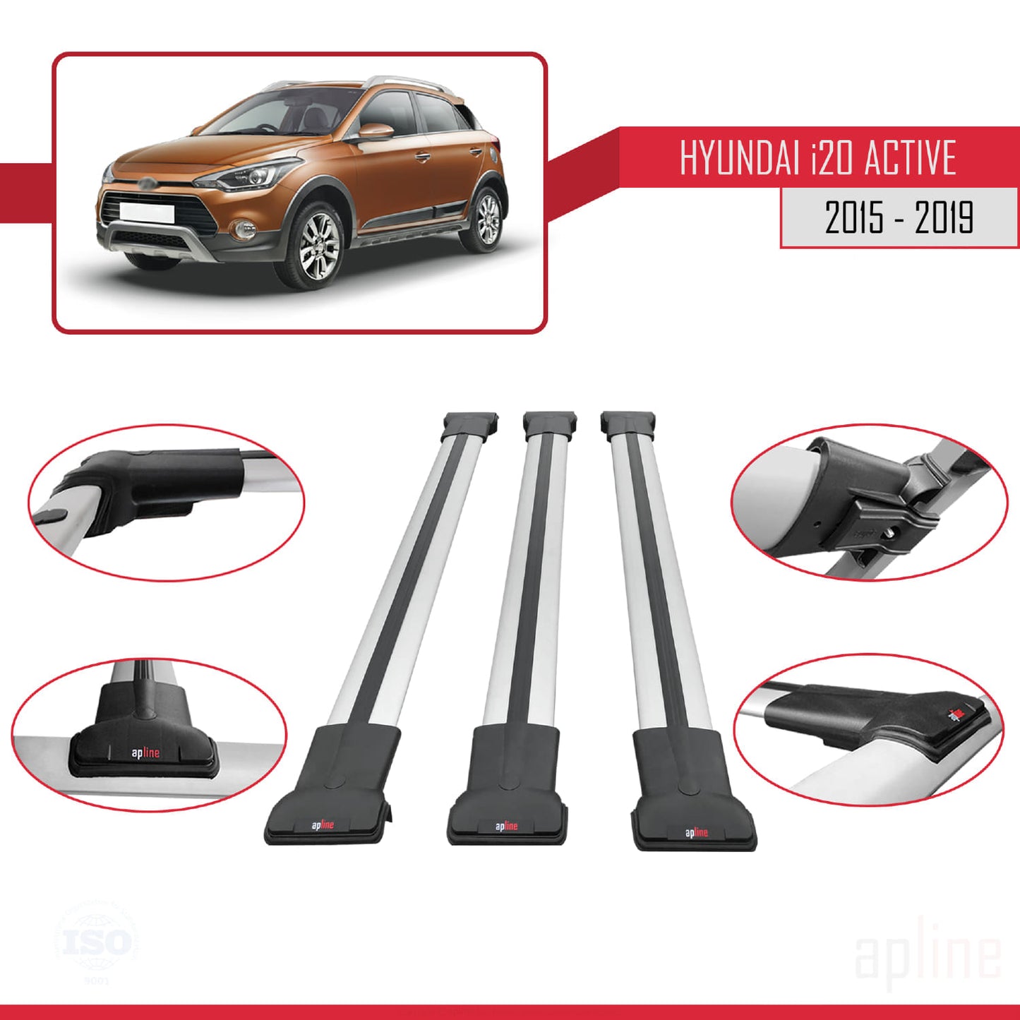 Compatibile con Hyundai i20 II Active 2015-2019 modello FLY Barre portatutto per auto Portapacchi in alluminio grigio 3 barre