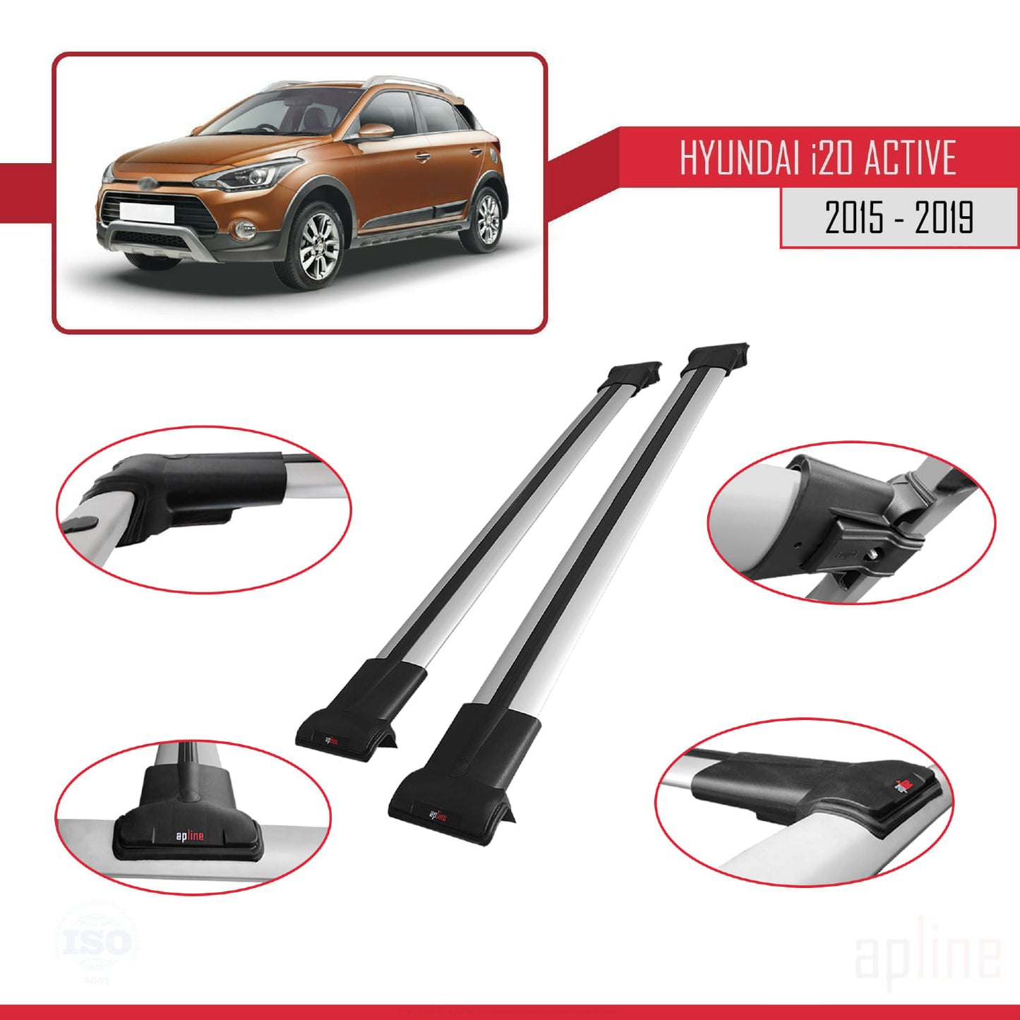 Compatibile con Hyundai i20 II Active 2015-2019 modello FLY Barre portatutto per auto Portapacchi in alluminio grigio 2 barre