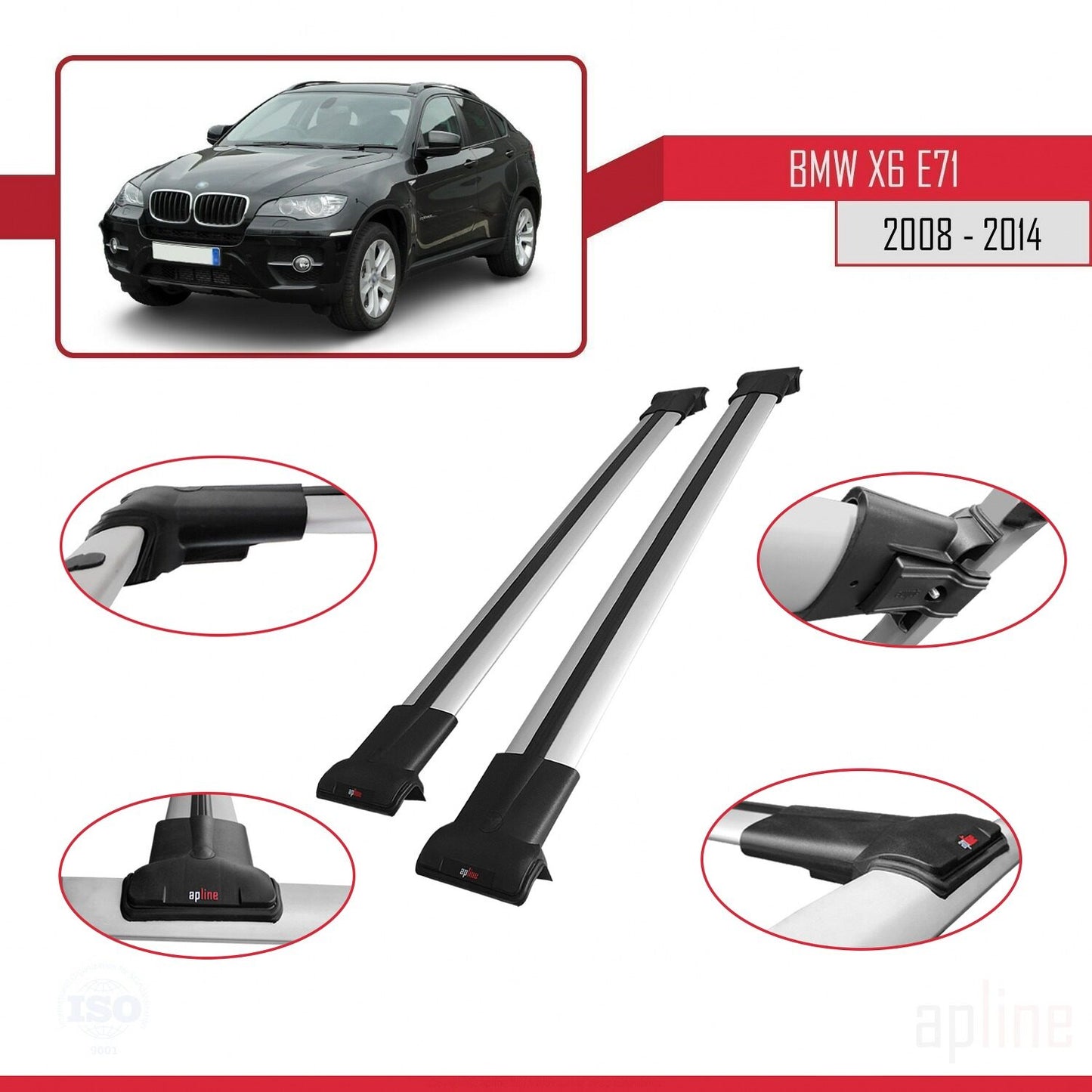 Compatibile con BMW X6 (E71) 2008-2014 modello FLY Barre portatutto per auto Portapacchi in alluminio grigio 2 barre