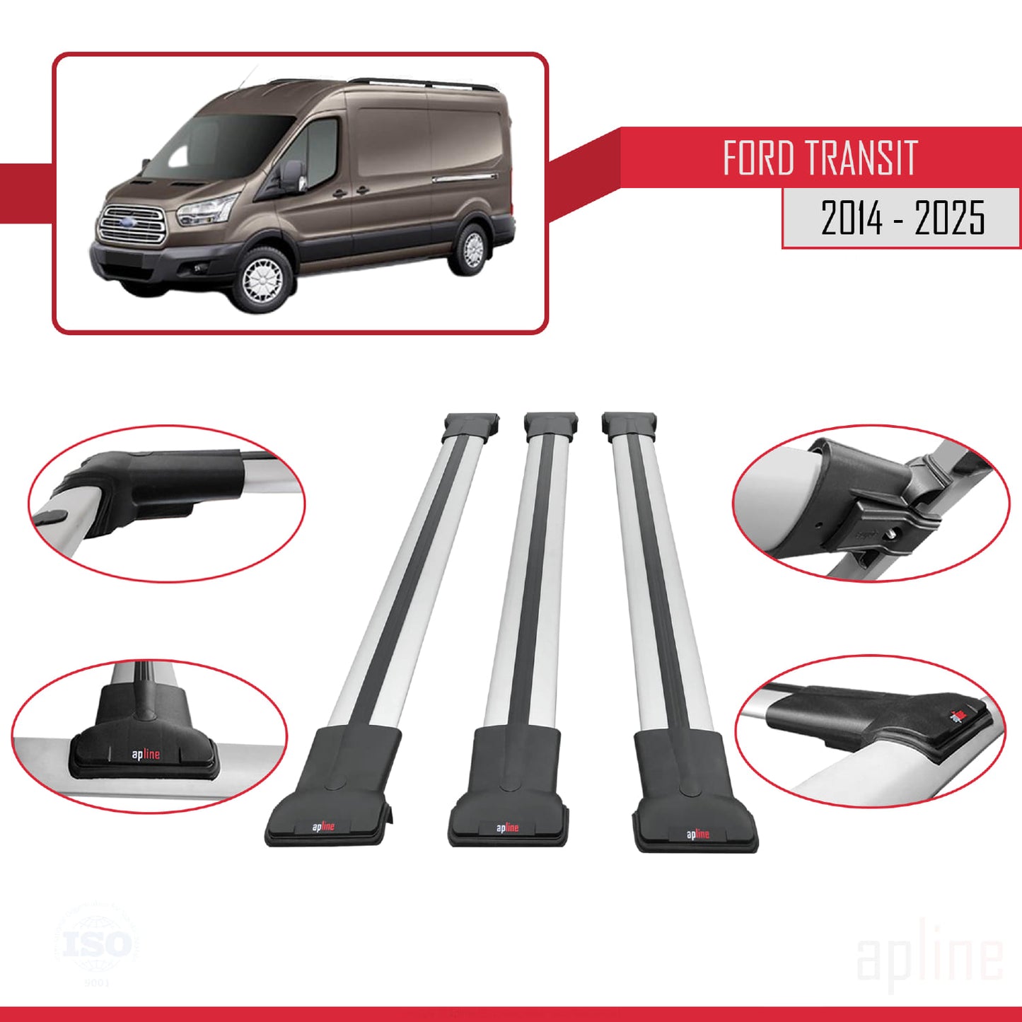Compatibile con Ford Transit 2014-2025 modello FLY Barre portatutto per auto Portapacchi in alluminio grigio 3 barre