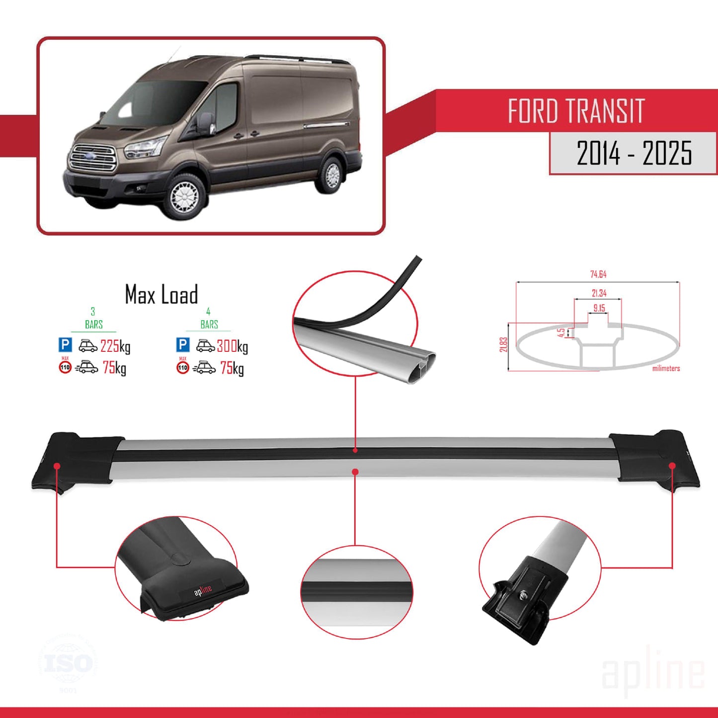 Compatibile con Ford Transit 2014-2025 modello FLY Barre portatutto per auto Portapacchi in alluminio grigio 4 barre
