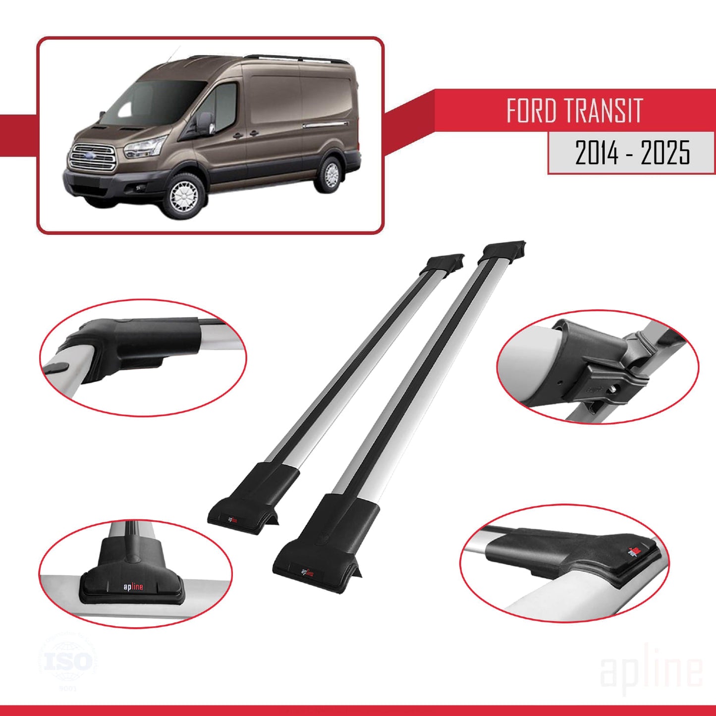 Compatibile con Ford Transit 2014-2025 modello FLY Barre portatutto per auto Portapacchi in alluminio grigio 2 barre