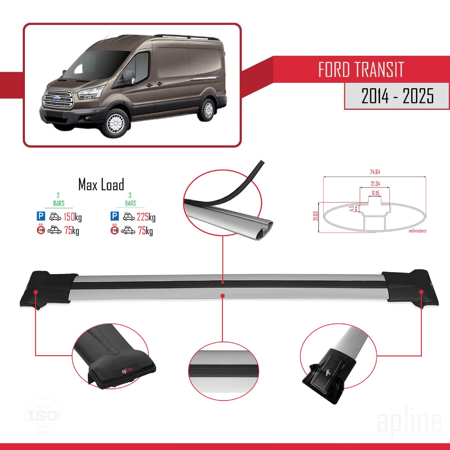 Compatibile con Ford Transit 2014-2025 modello FLY Barre portatutto per auto Portapacchi in alluminio grigio 2 barre
