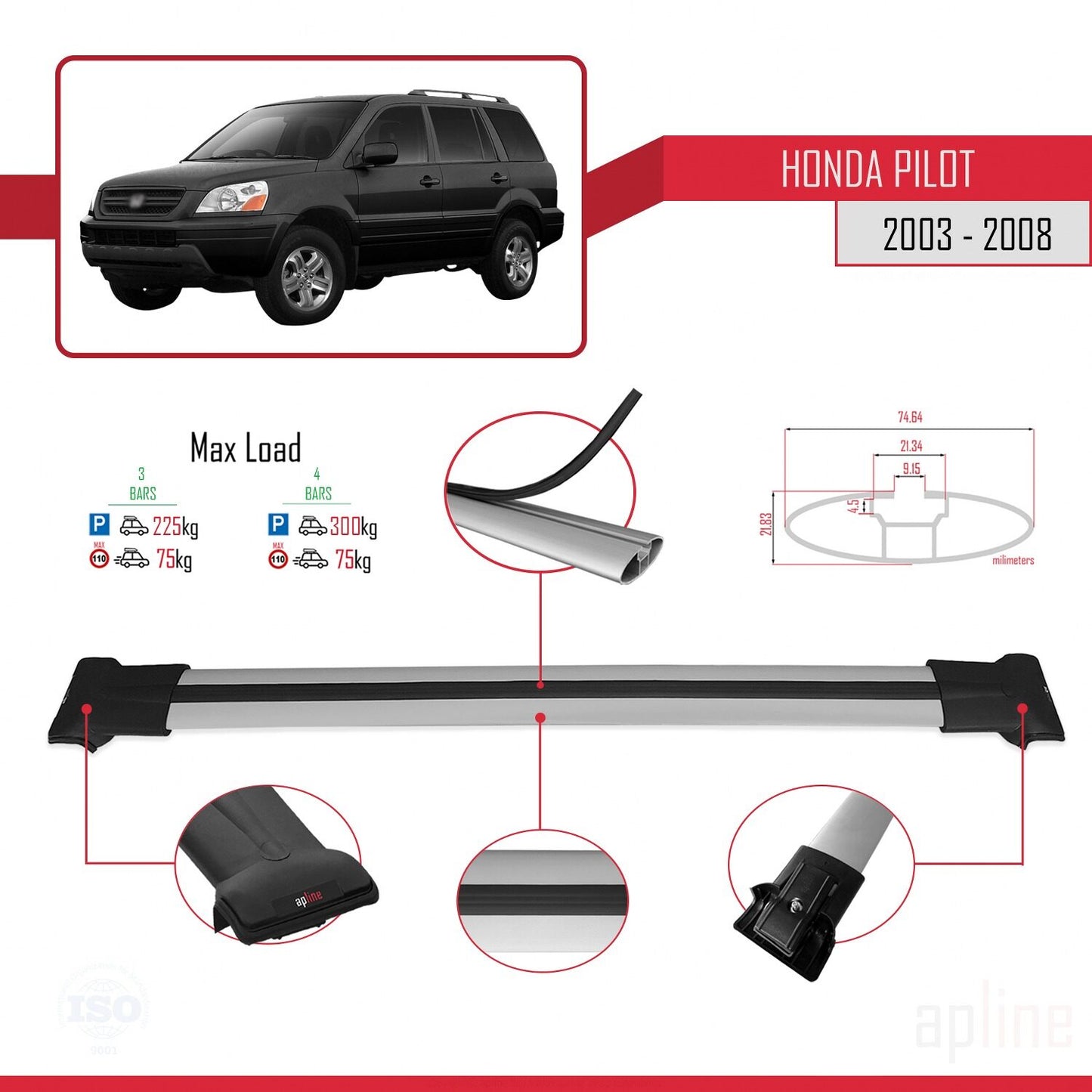 Compatibile con Honda Pilot 2003-2008 modello FLY Barre portatutto per auto Portapacchi in alluminio grigio 3 barre
