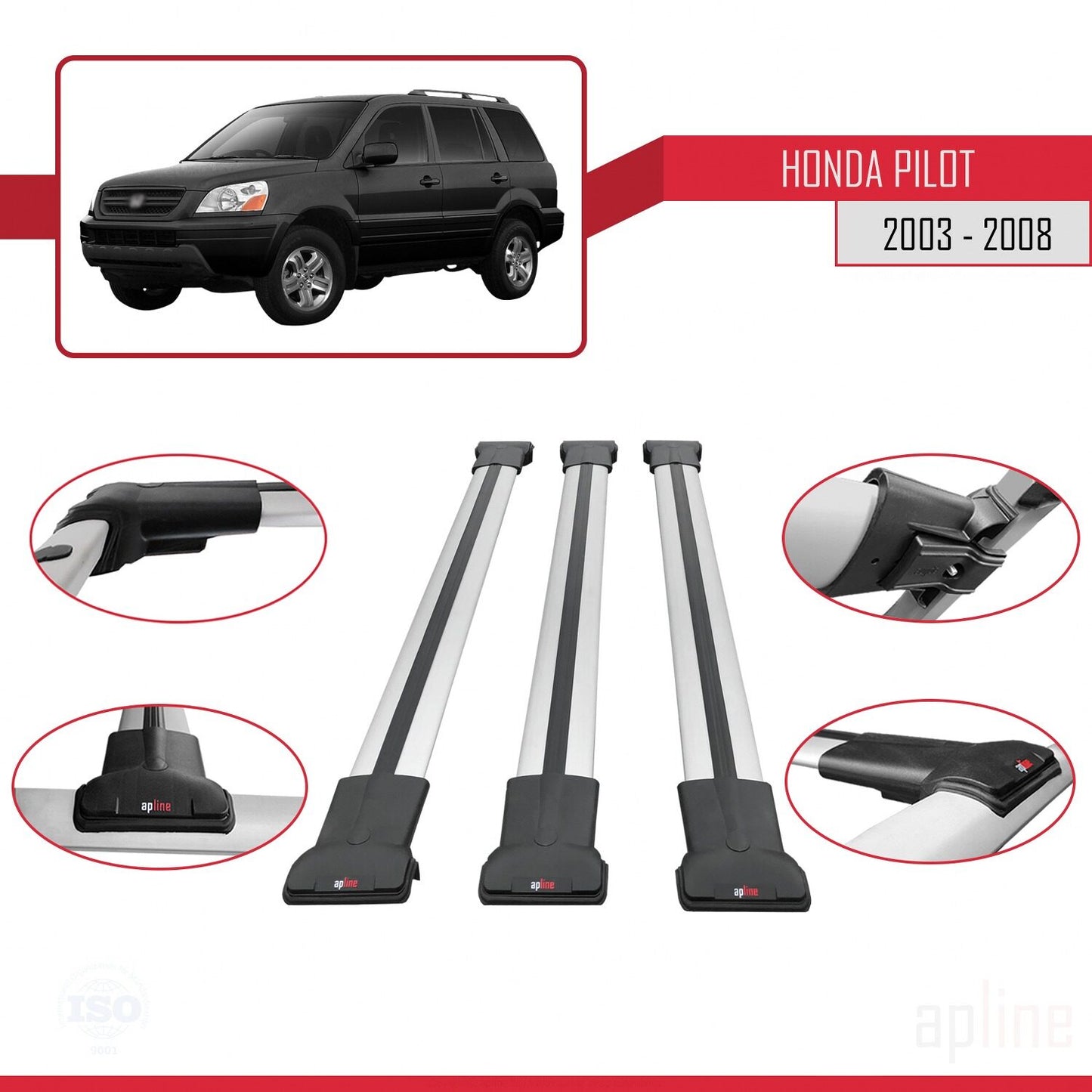 Compatibile con Honda Pilot 2003-2008 modello FLY Barre portatutto per auto Portapacchi in alluminio grigio 3 barre