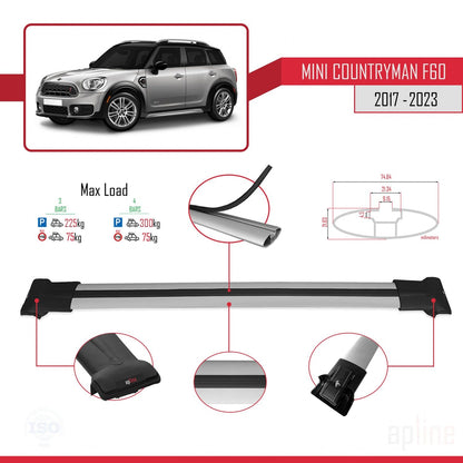 Compatible avec Mini Countryman 2 (F60) 2017-2023 FLY Model Barres de Toit Railing Porte-Bagages de Voiture Gris Aluminium 3 Barres
