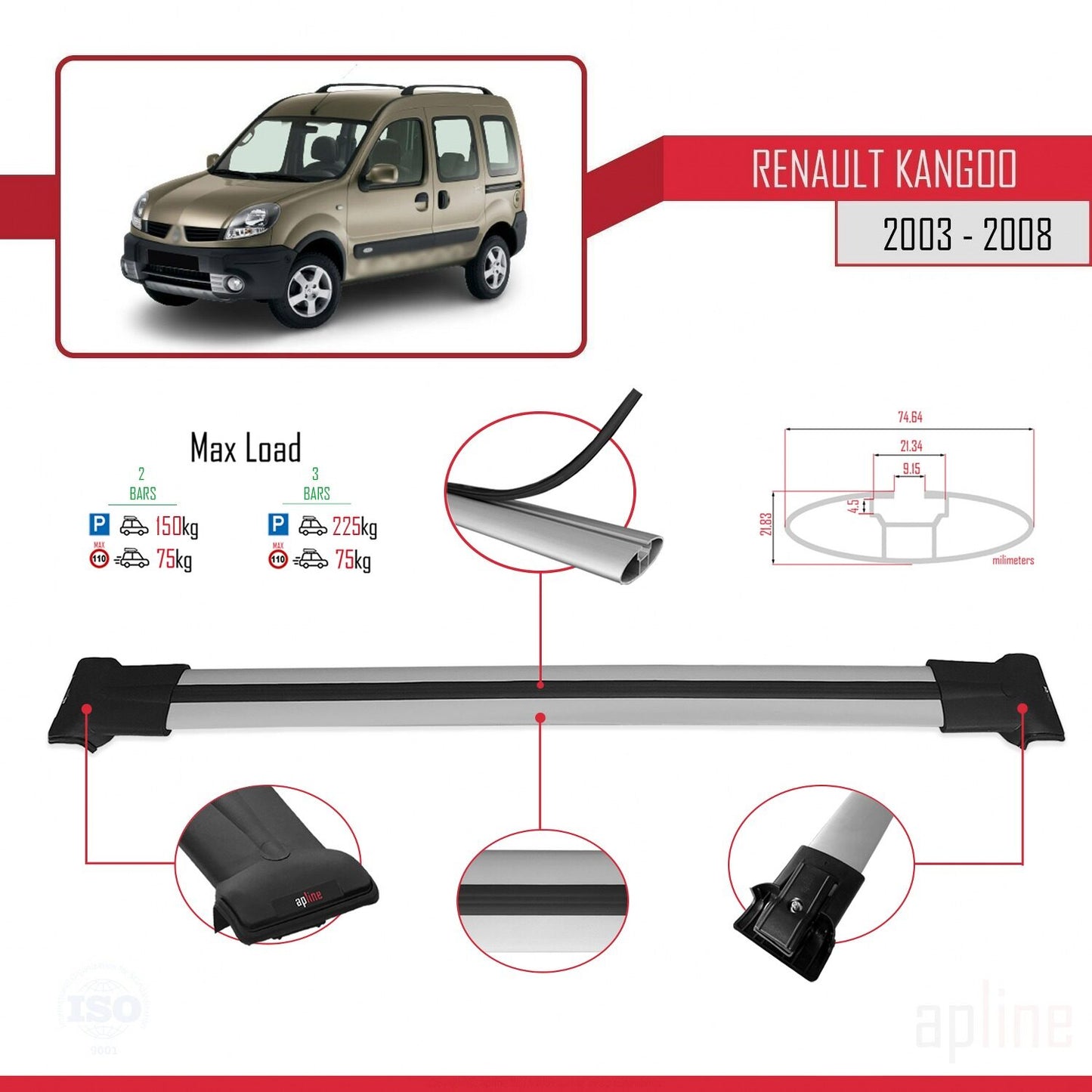 Compatible avec Renault Kangoo (X76) Post-Facelift 2003-2008 FLY Model Barres de Toit Railing Porte-Bagages de Voiture Gris Aluminium 2 Barres