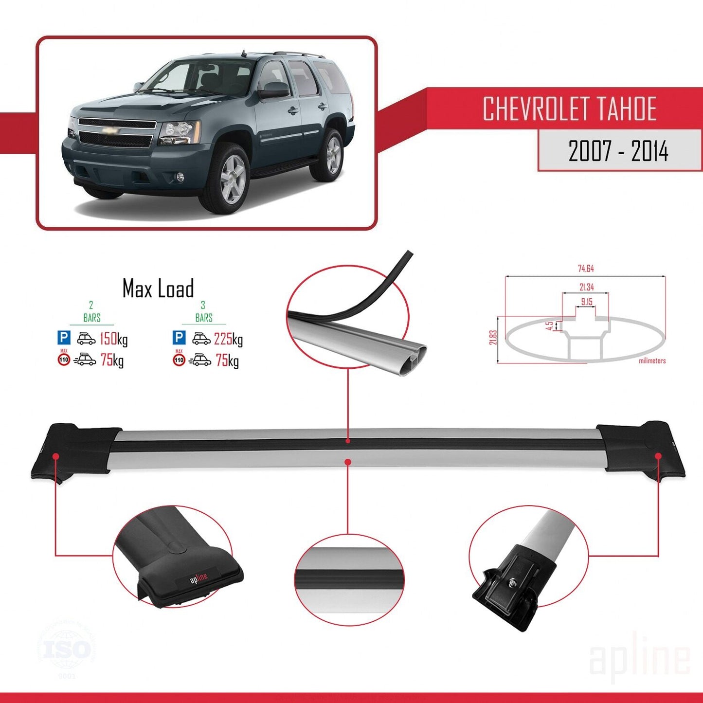 Compatibile con Chevrolet Tahoe 3 2007-2014 modello FLY Barre portatutto per auto Portapacchi in alluminio grigio 2 barre