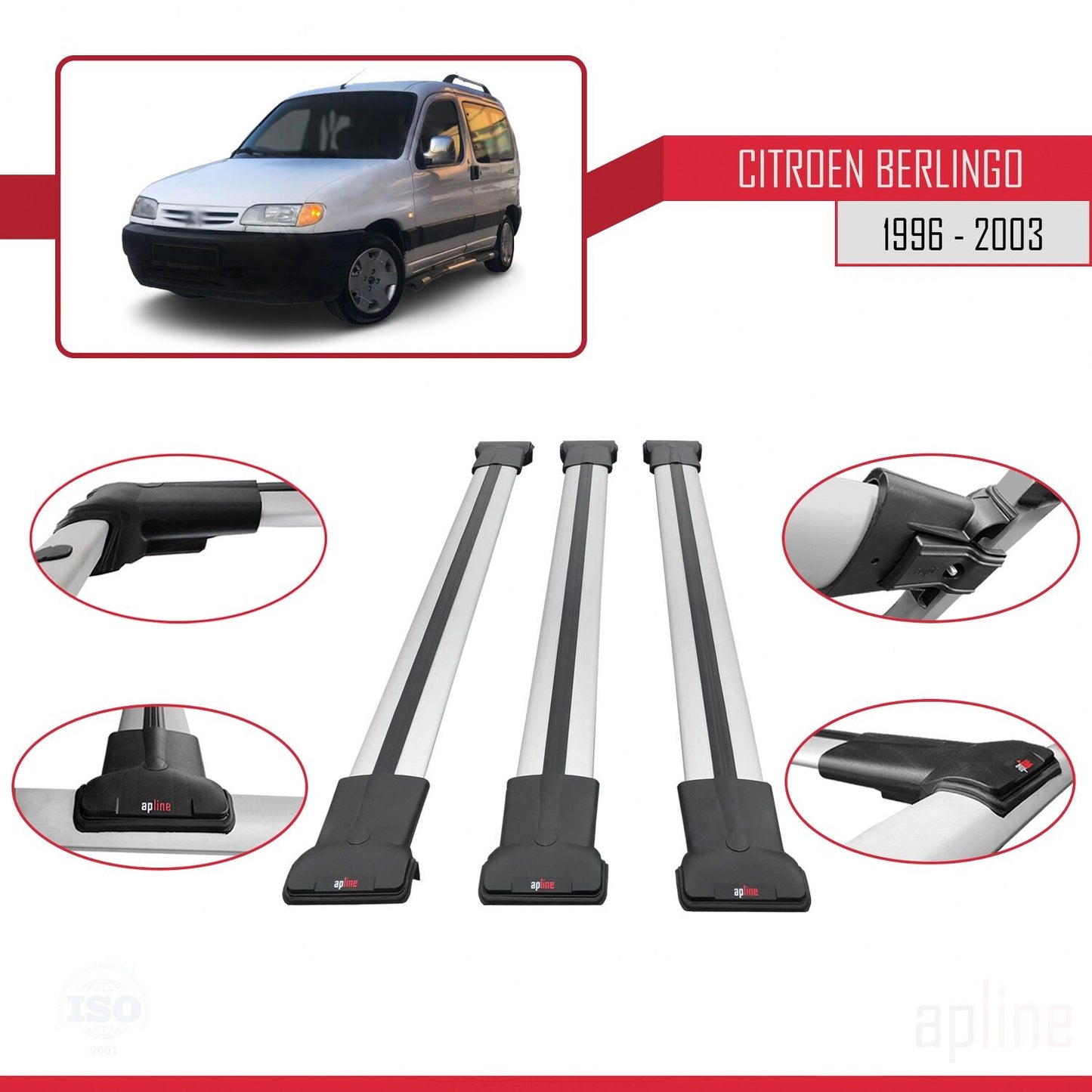 Compatibile con Citroen Berlingo (M49) 1996-2003 modello FLY Barre portatutto per auto Portapacchi in alluminio grigio 3 barre