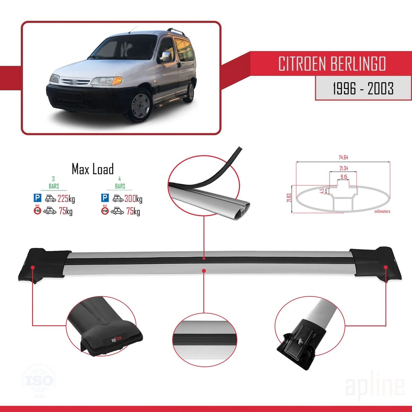 Compatibile con Citroen Berlingo (M49) 1996-2003 modello FLY Barre portatutto per auto Portapacchi in alluminio grigio 4 barre