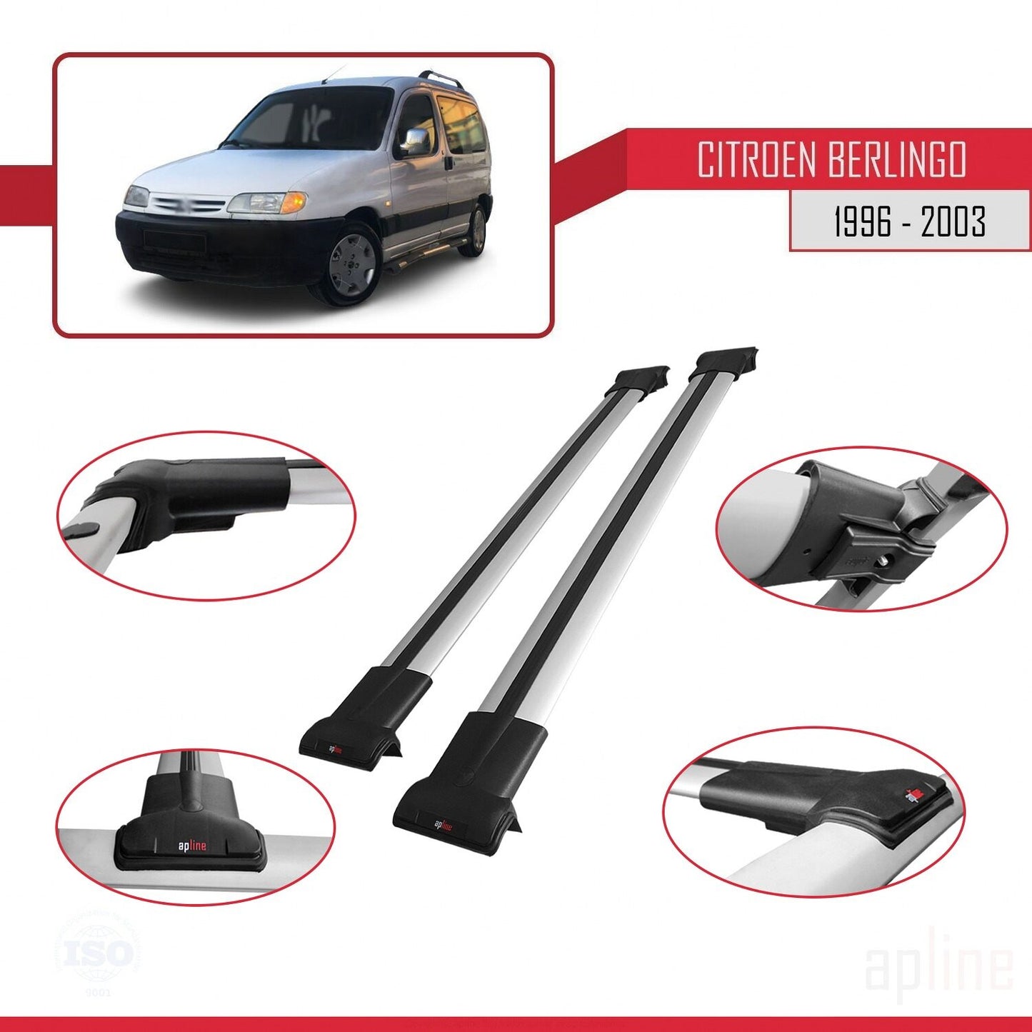 Compatibile con Citroen Berlingo (M49) 1996-2003 modello FLY Barre portatutto per auto Portapacchi in alluminio grigio 2 barre